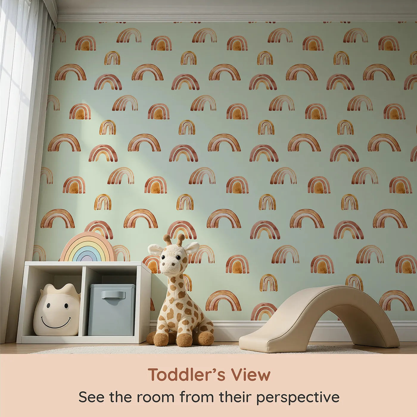 Whimsy Tots Boho Brush Rainbow Wallpaper in Mint Green (W3398D) from your child's view.Warm arches float peacefully over a pale mint green sky.