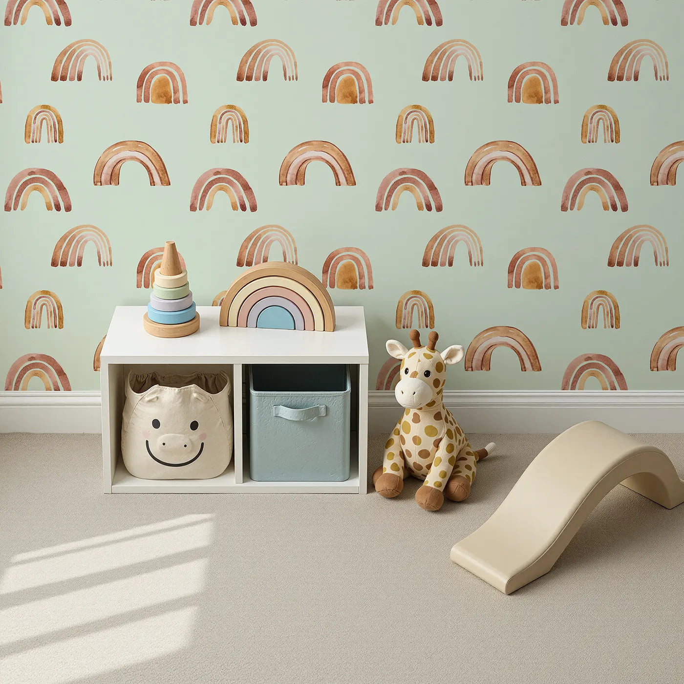 Top-Down view of Whimsy Tots' Boho Brush Rainbow Wallpaper in Mint Green (W3398D).Warm arches float peacefully over a pale mint green sky.