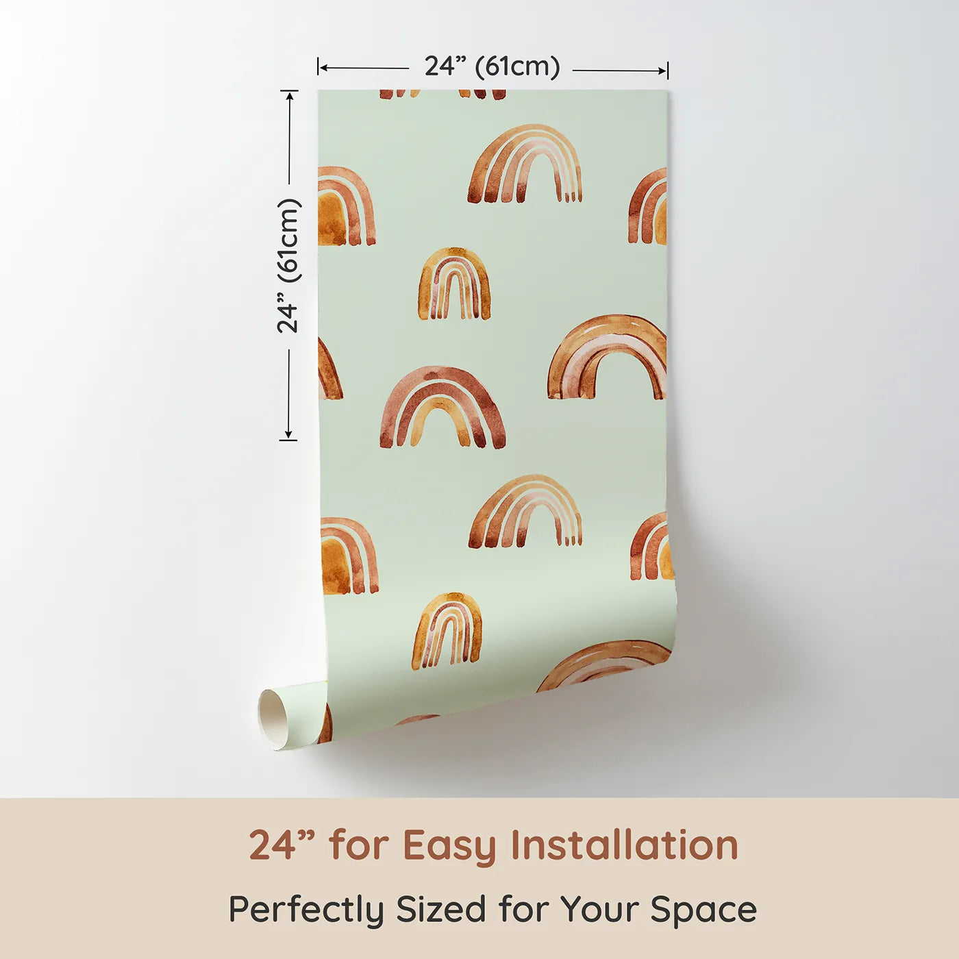 Dimension view of Whimsy Tots Boho Brush Rainbow Wallpaper in Mint Green (W3398D). Printed in 24-inch-wide panel for easy installation. Warm arches float peacefully over a pale mint green sky.