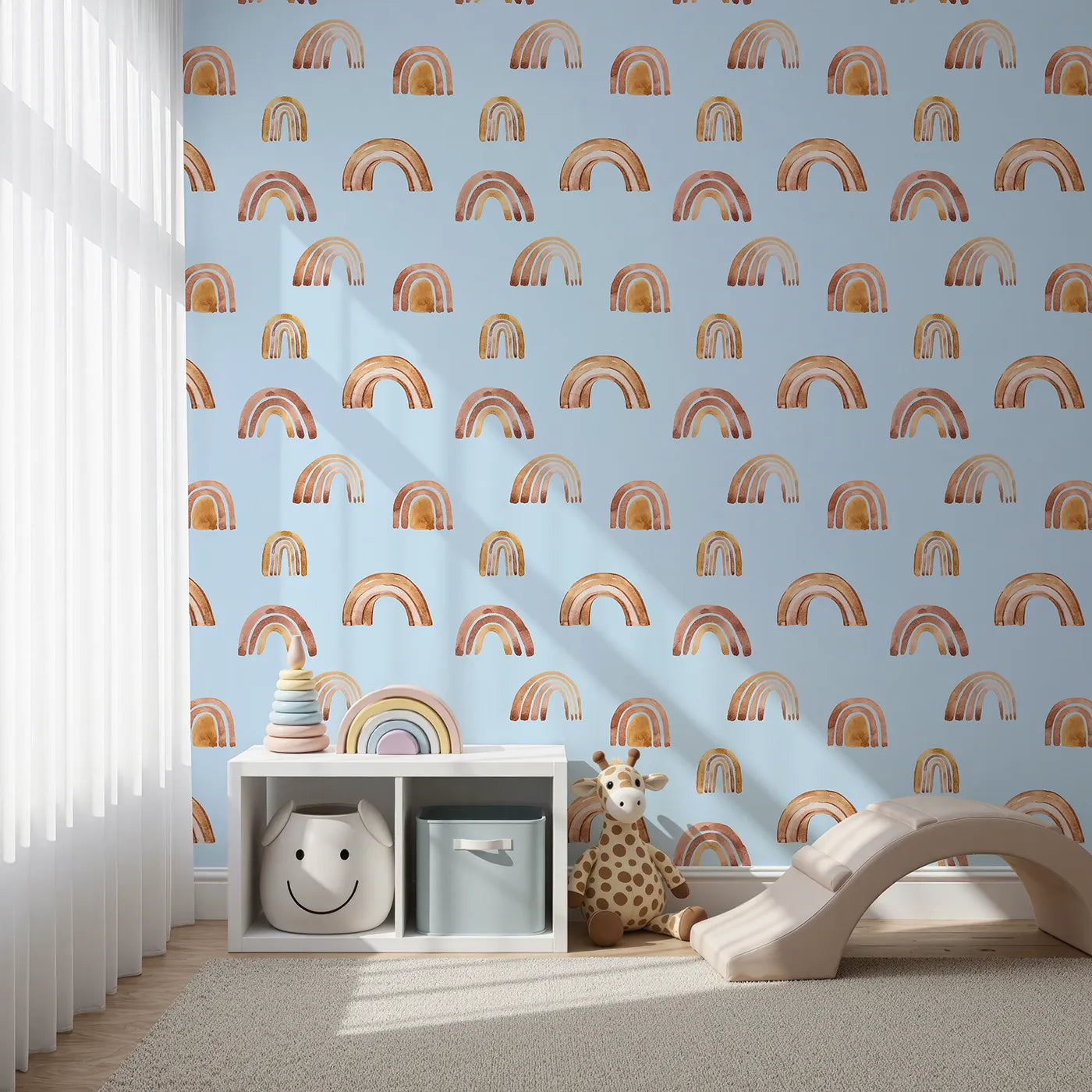 Front view of Whimsy Tots' Boho Brush Rainbow Wallpaper in Blue