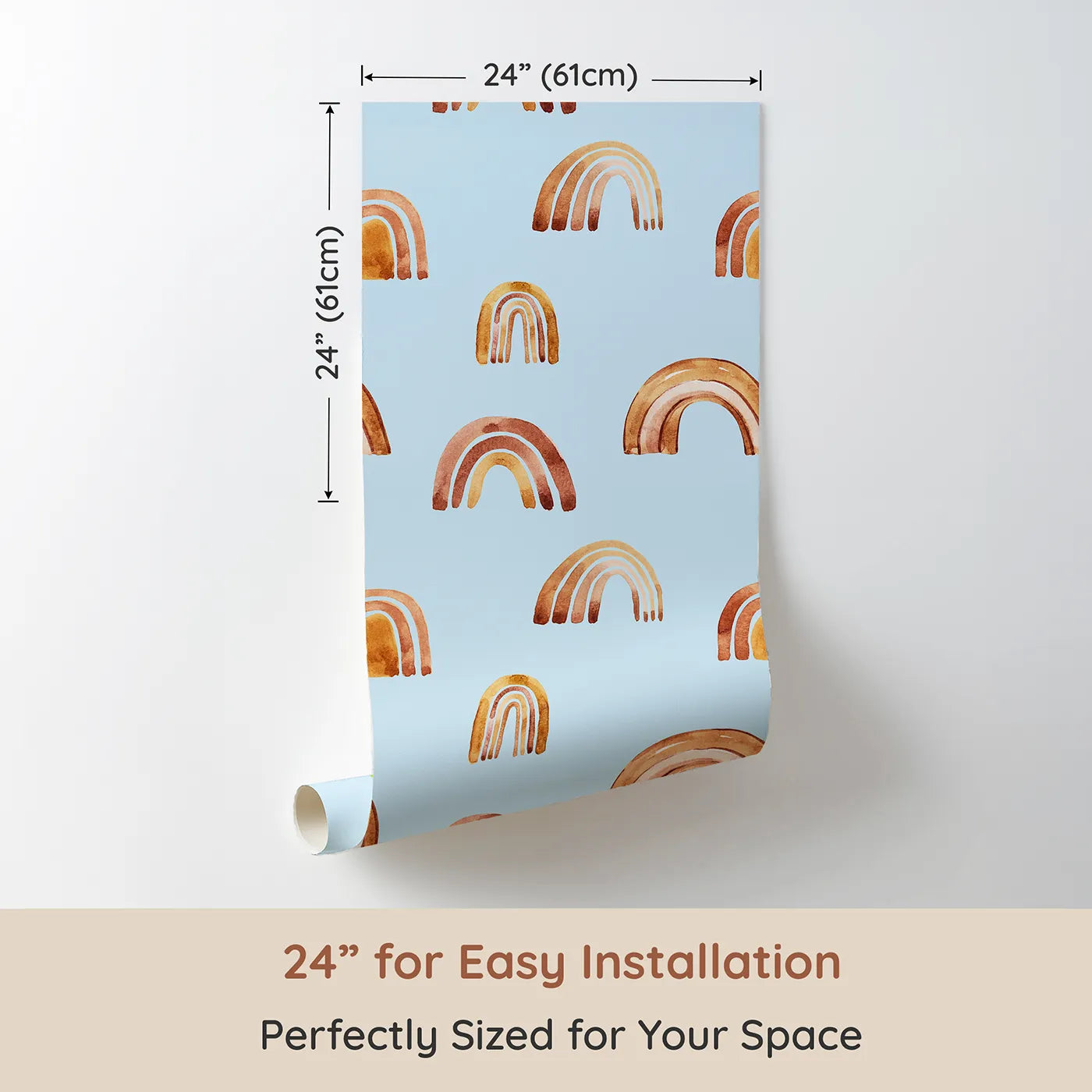 Dimension view of Whimsy Tots Boho Brush Rainbow Wallpaper in Blue (W3398E). Printed in 24-inch-wide panel for easy installation. Warm watercolor arches drift across a soft baby blue sky.