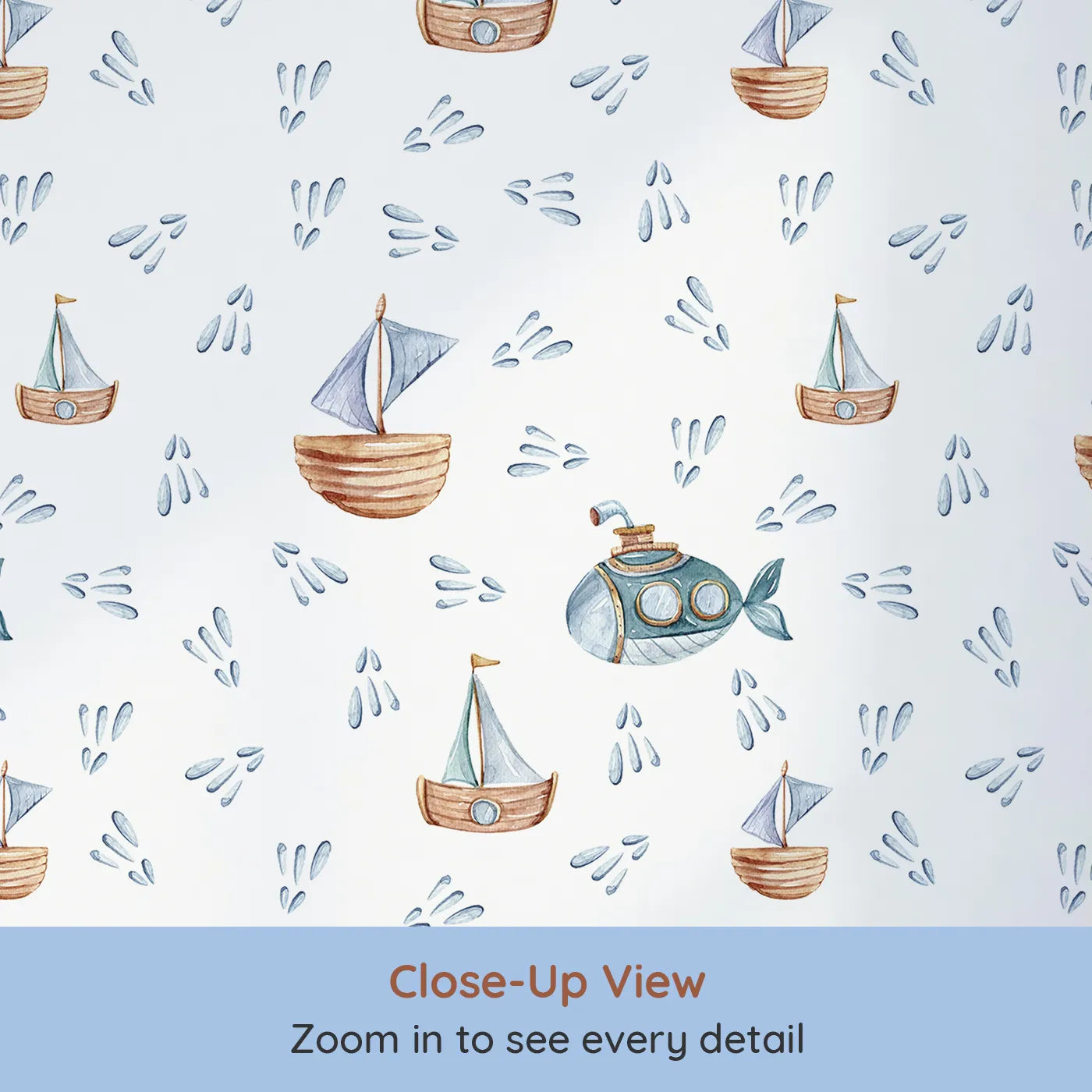 Close-up view of Whimsy Tots' Seaside Vessel Parade Wallpaper in White (W3399A).Submarines and sailboats drift through playful ocean sprays.