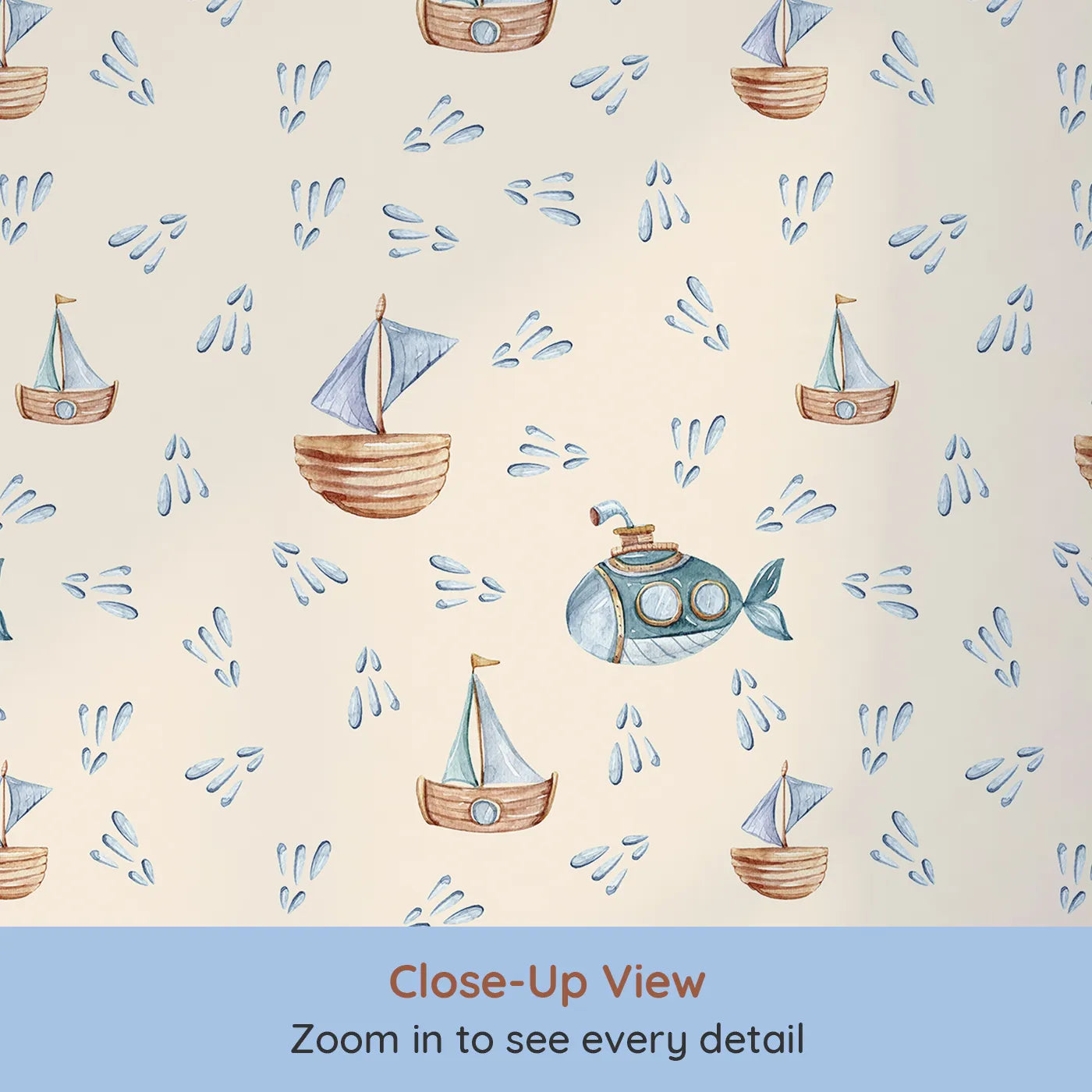 Close-up view of Whimsy Tots' Seaside Vessel Parade Wallpaper in Beige (W3399C).Watercolor sailboats and submarines float gently across a sandy beige sea.