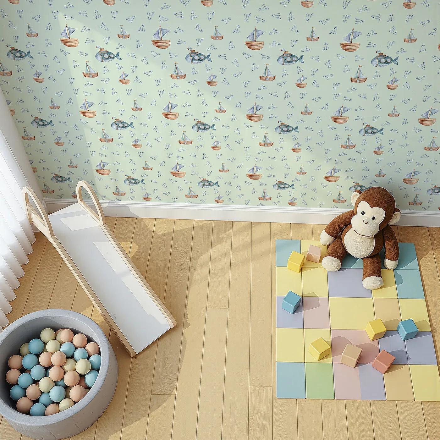 Top-Down view of Whimsy Tots' Seaside Vessel Parade Wallpaper in Mint Green (W3399D).Sailboats and submarines float calmly across a soft mint sea.