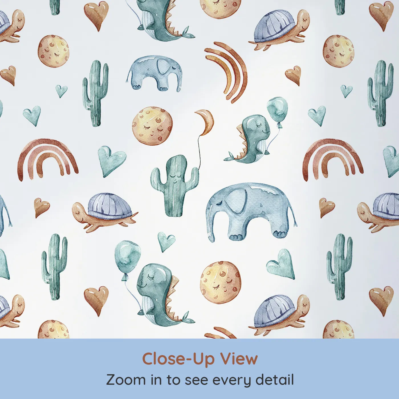 Close-up view of Whimsy Tots' Balloon Friends Parade Wallpaper in White (W3400A).Smiling dinos, sleepy moons, and floating balloons fill every inch with play.