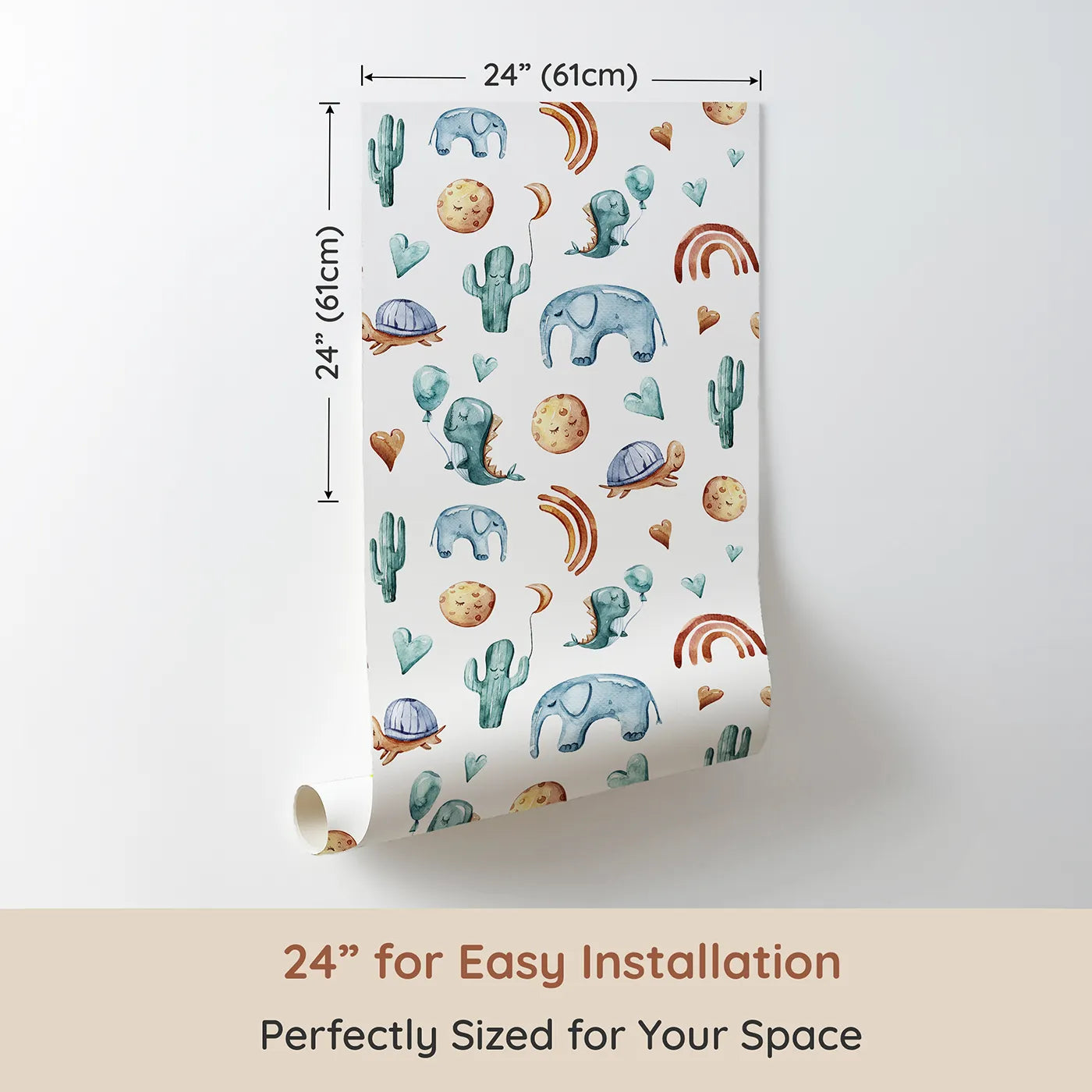 Dimension view of Whimsy Tots Balloon Friends Parade Wallpaper in White (W3400A). Printed in 24-inch-wide panel for easy installation. Smiling dinos, sleepy moons, and floating balloons fill every inch with play.