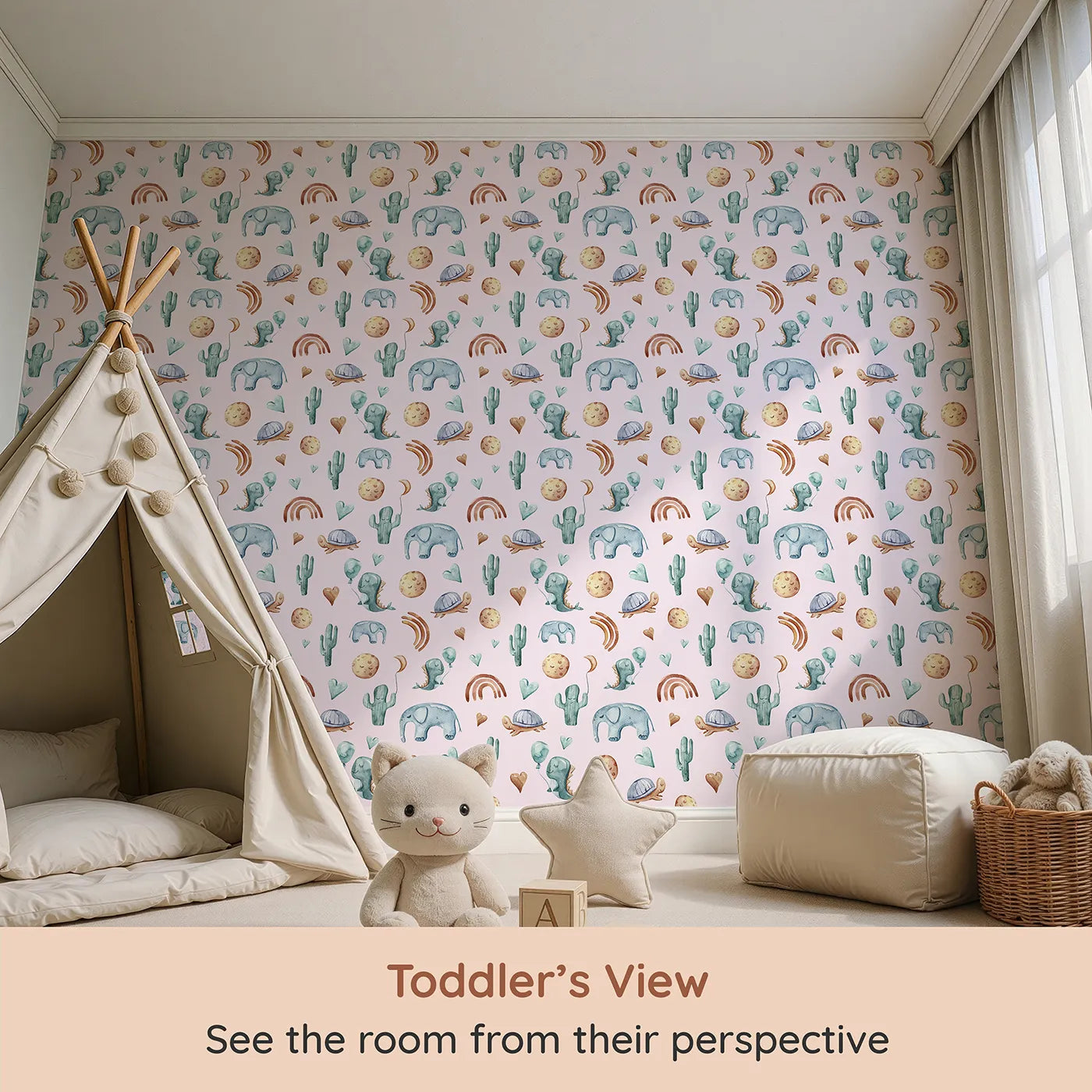 Whimsy Tots Balloon Friends Parade Wallpaper in Pink (W3400B) from your child's view.Gentle dinos and friends float among moons and hearts on a soft pink sky.