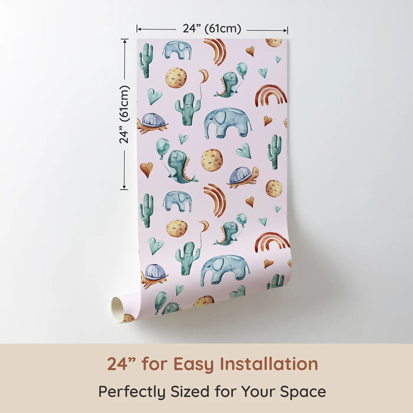 Dimension view of Whimsy Tots Balloon Friends Parade Wallpaper in Pink (W3400B). Printed in 24-inch-wide panel for easy installation. Gentle dinos and friends float among moons and hearts on a soft pink sky.