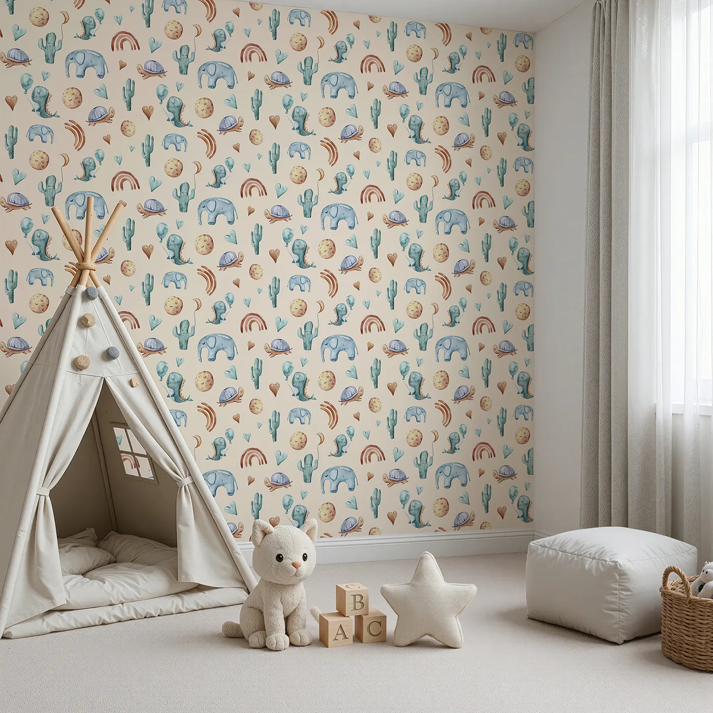 Angled view of Whimsy Tots' Balloon Friends Parade Wallpaper in Beige (W3400C).Smiling animals and dreamy skies float across a warm beige background.