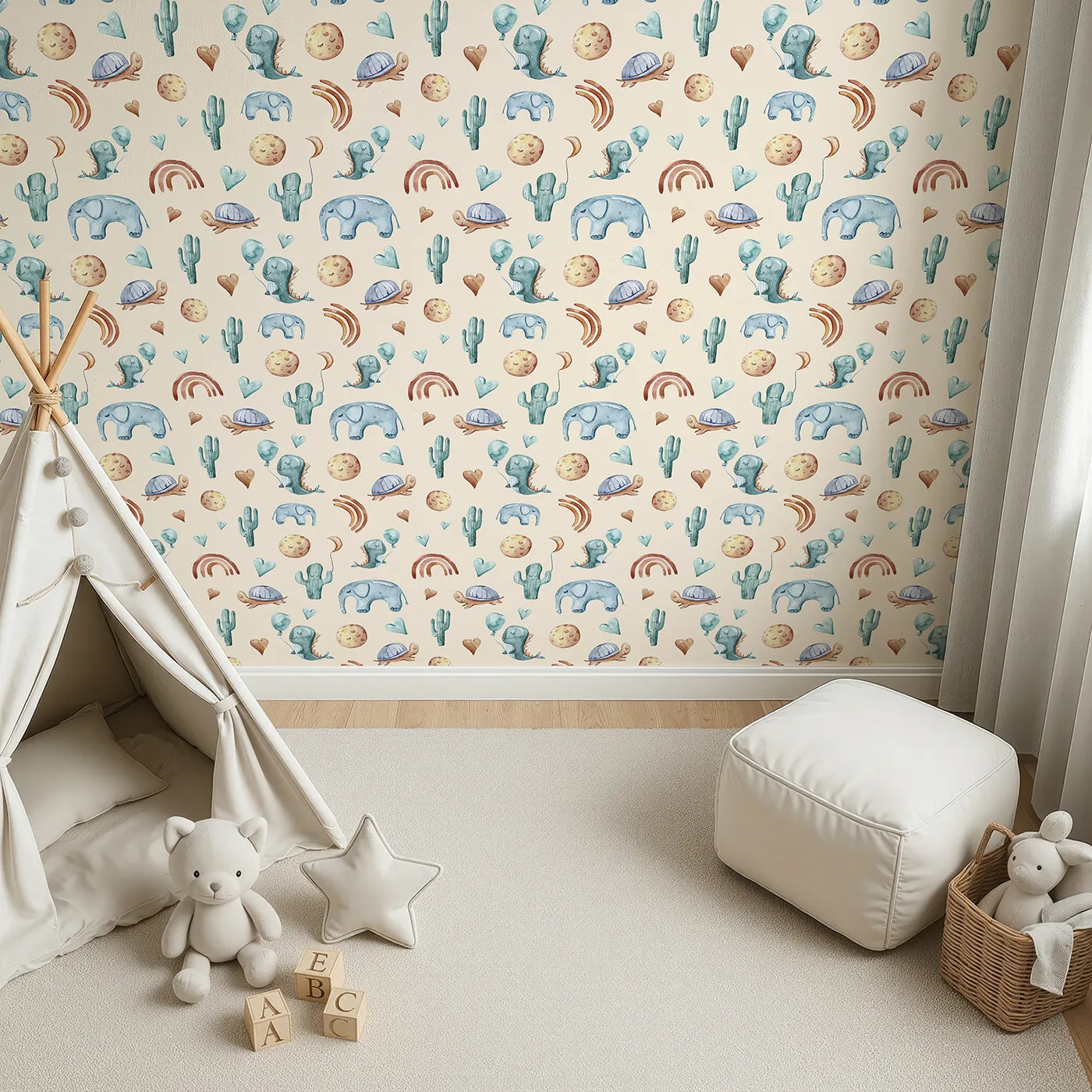 Top-Down view of Whimsy Tots' Balloon Friends Parade Wallpaper in Beige (W3400C).Smiling animals and dreamy skies float across a warm beige background.