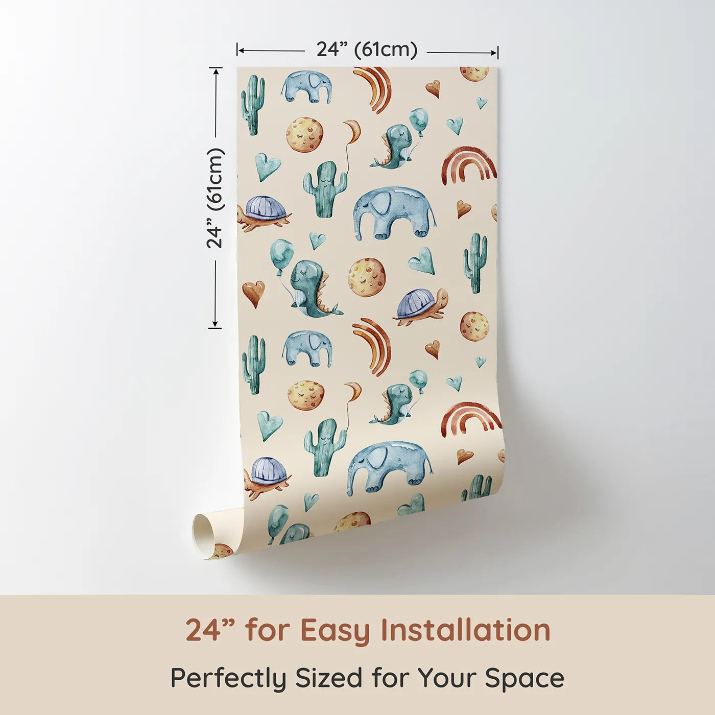 Dimension view of Whimsy Tots Balloon Friends Parade Wallpaper in Beige (W3400C). Printed in 24-inch-wide panel for easy installation. Smiling animals and dreamy skies float across a warm beige background.