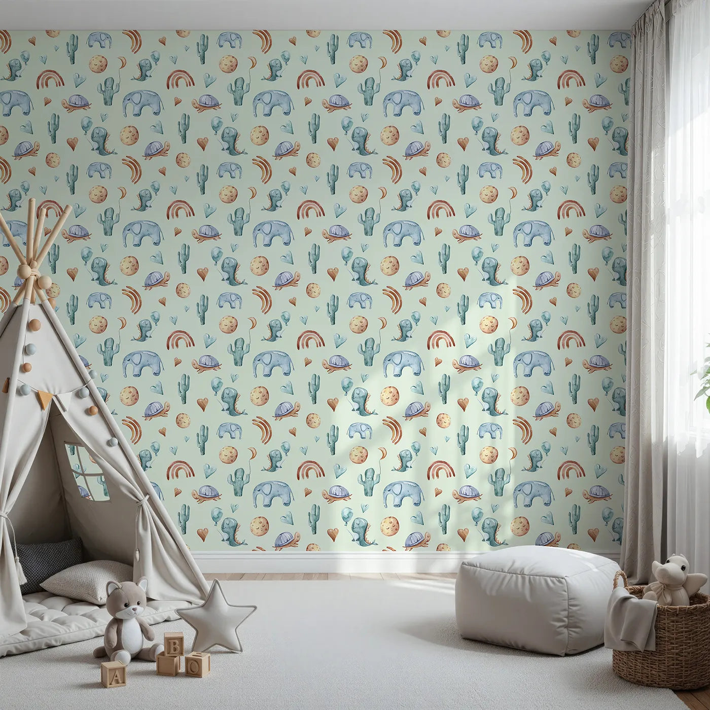 Front view of Whimsy Tots' Balloon Friends Parade Wallpaper in Mint Green