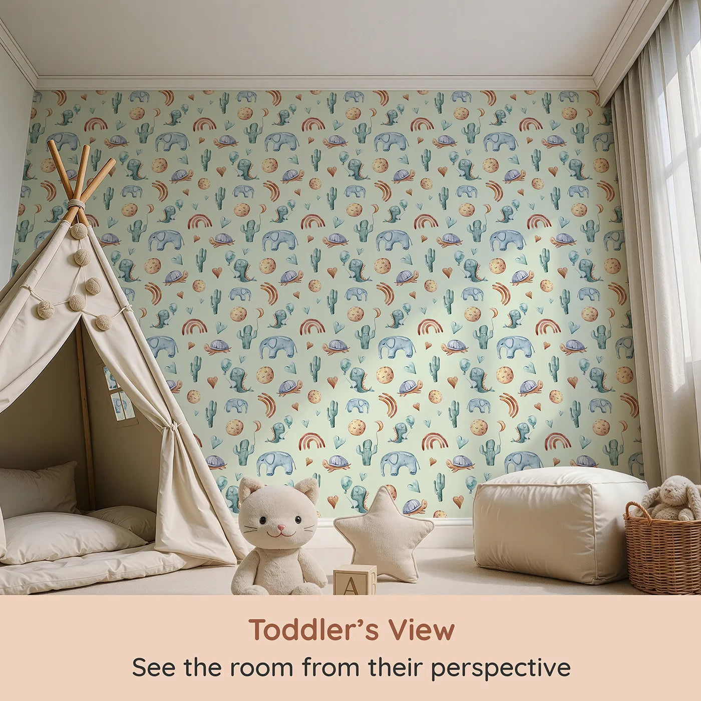 Whimsy Tots Balloon Friends Parade Wallpaper in Mint Green (W3400D) from your child's view.Floating dinos and sleepy friends dance across a mint green sky.