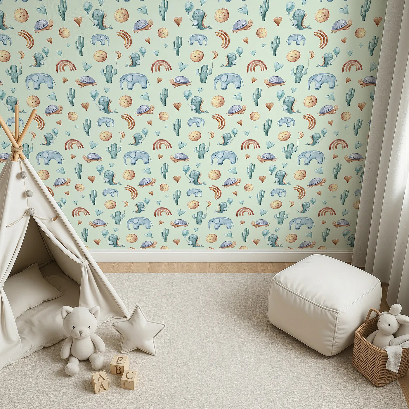 Top-Down view of Whimsy Tots' Balloon Friends Parade Wallpaper in Mint Green (W3400D).Floating dinos and sleepy friends dance across a mint green sky.