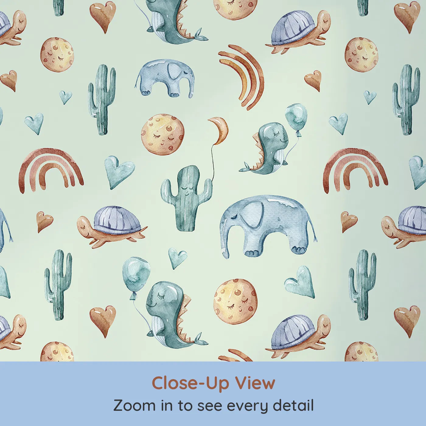 Close-up view of Whimsy Tots' Balloon Friends Parade Wallpaper in Mint Green (W3400D).Floating dinos and sleepy friends dance across a mint green sky.