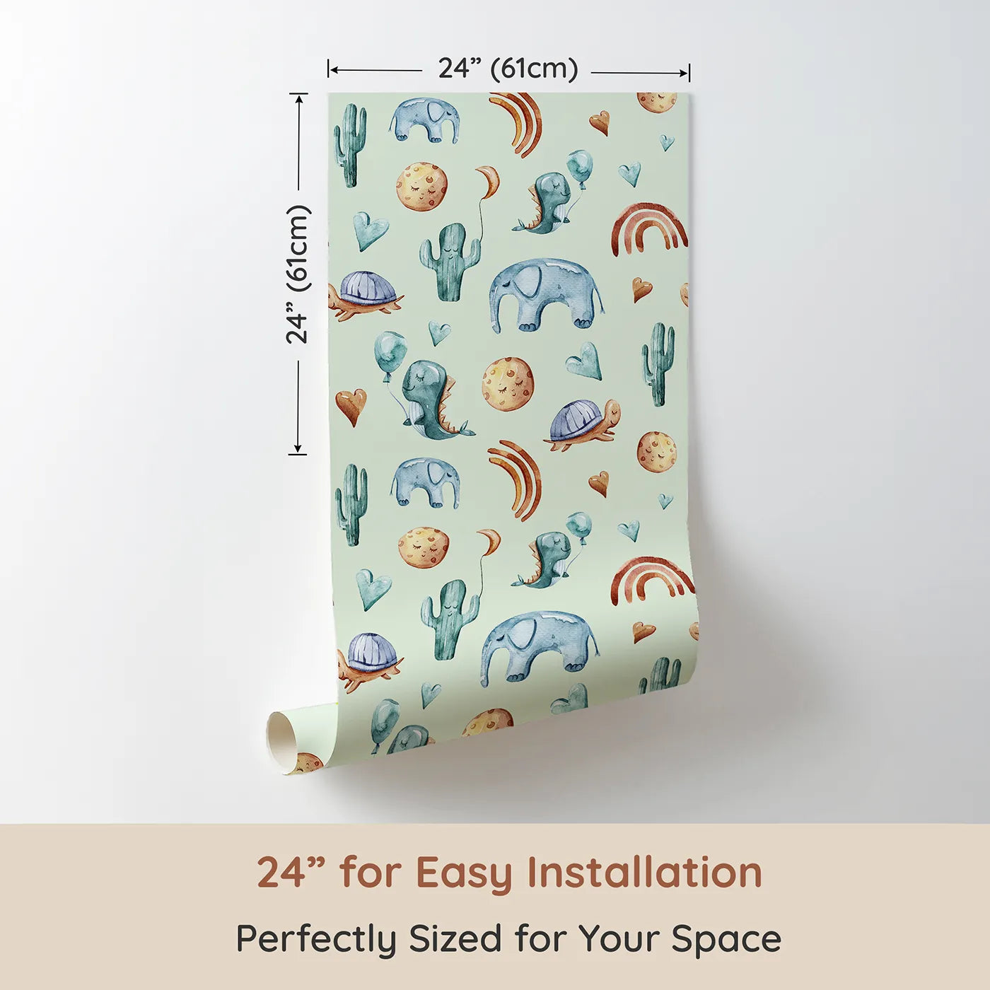 Dimension view of Whimsy Tots Balloon Friends Parade Wallpaper in Mint Green (W3400D). Printed in 24-inch-wide panel for easy installation. Floating dinos and sleepy friends dance across a mint green sky.