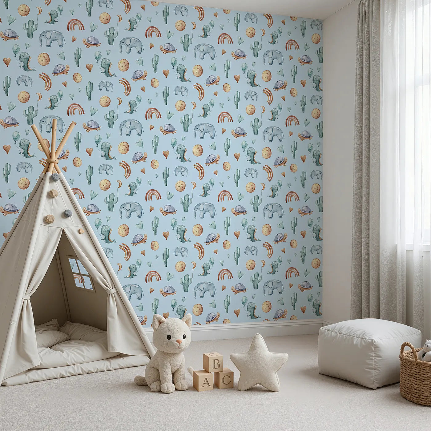 Angled view of Whimsy Tots' Balloon Friends Parade Wallpaper in Blue (W3400E).Smiling dinos, elephants, and sleepy moons float across a blue sky.