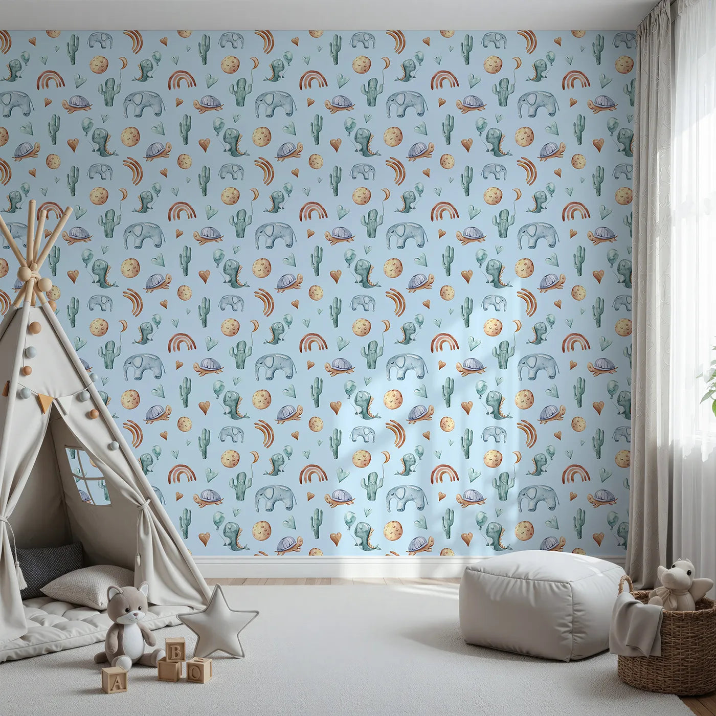 Front view of Whimsy Tots' Balloon Friends Parade Wallpaper in Blue