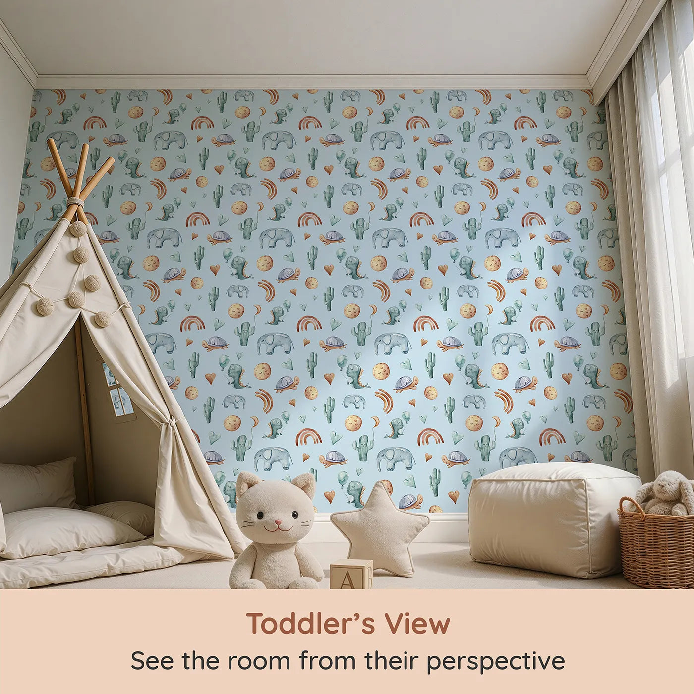 Whimsy Tots Balloon Friends Parade Wallpaper in Blue (W3400E) from your child's view.Smiling dinos, elephants, and sleepy moons float across a blue sky.