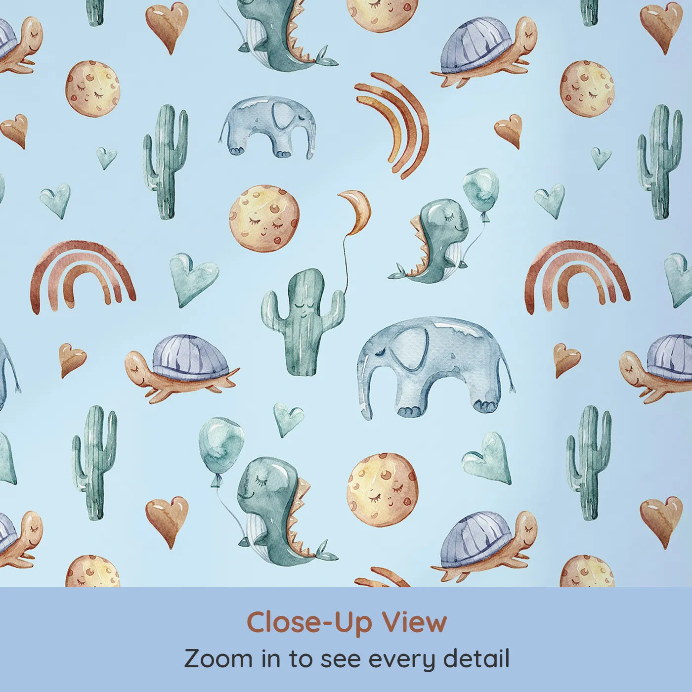 Close-up view of Whimsy Tots' Balloon Friends Parade Wallpaper in Blue (W3400E).Smiling dinos, elephants, and sleepy moons float across a blue sky.