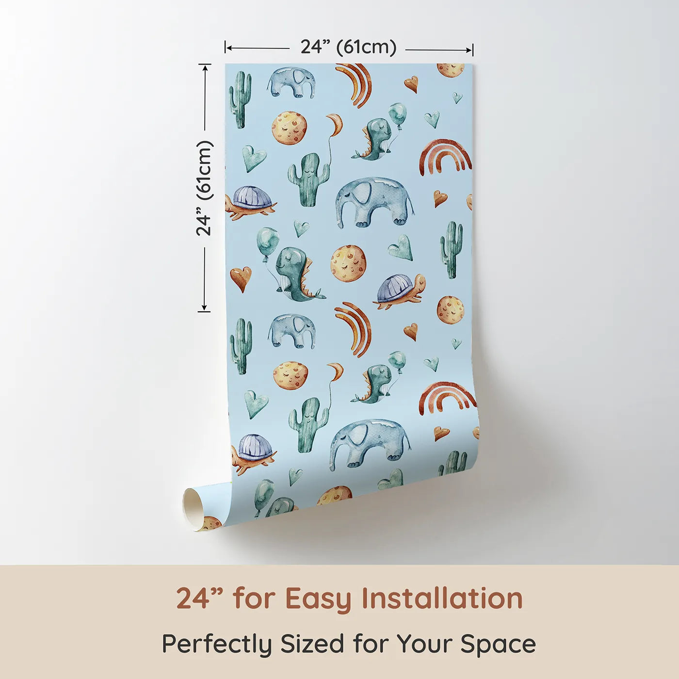 Dimension view of Whimsy Tots Balloon Friends Parade Wallpaper in Blue (W3400E). Printed in 24-inch-wide panel for easy installation. Smiling dinos, elephants, and sleepy moons float across a blue sky.