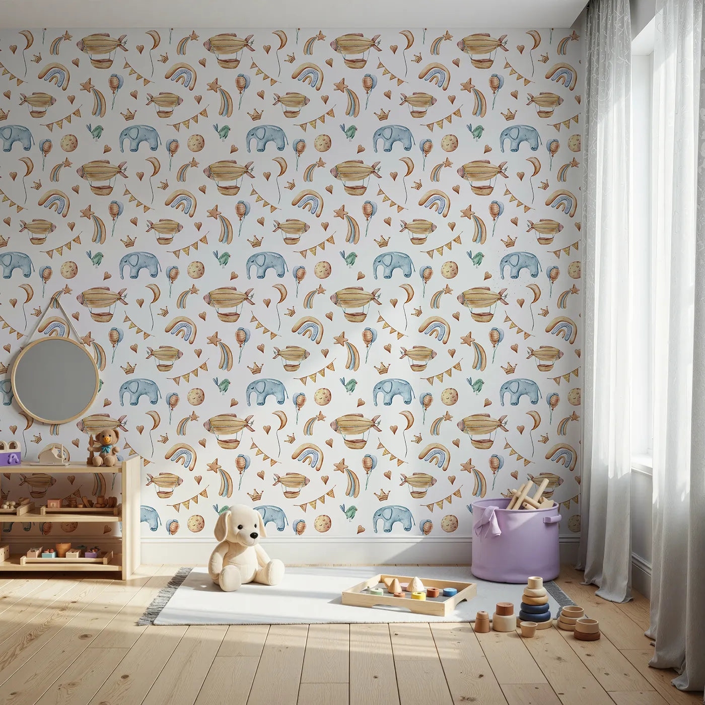 Front view of Whimsy Tots' Sky Dreams Celebration Wallpaper in White