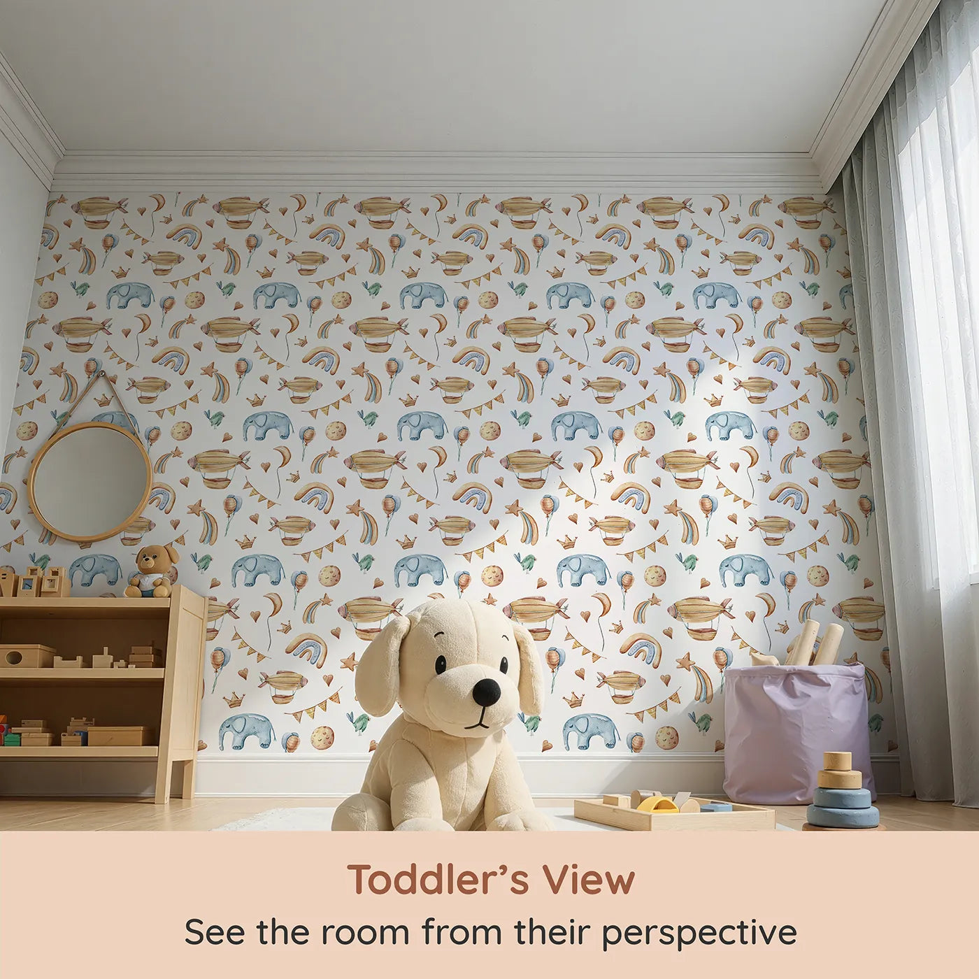 Whimsy Tots Sky Dreams Celebration Wallpaper in White (W3401A) from your child's view.Airships, rainbows, and stars float gently in a dreamy white sky.