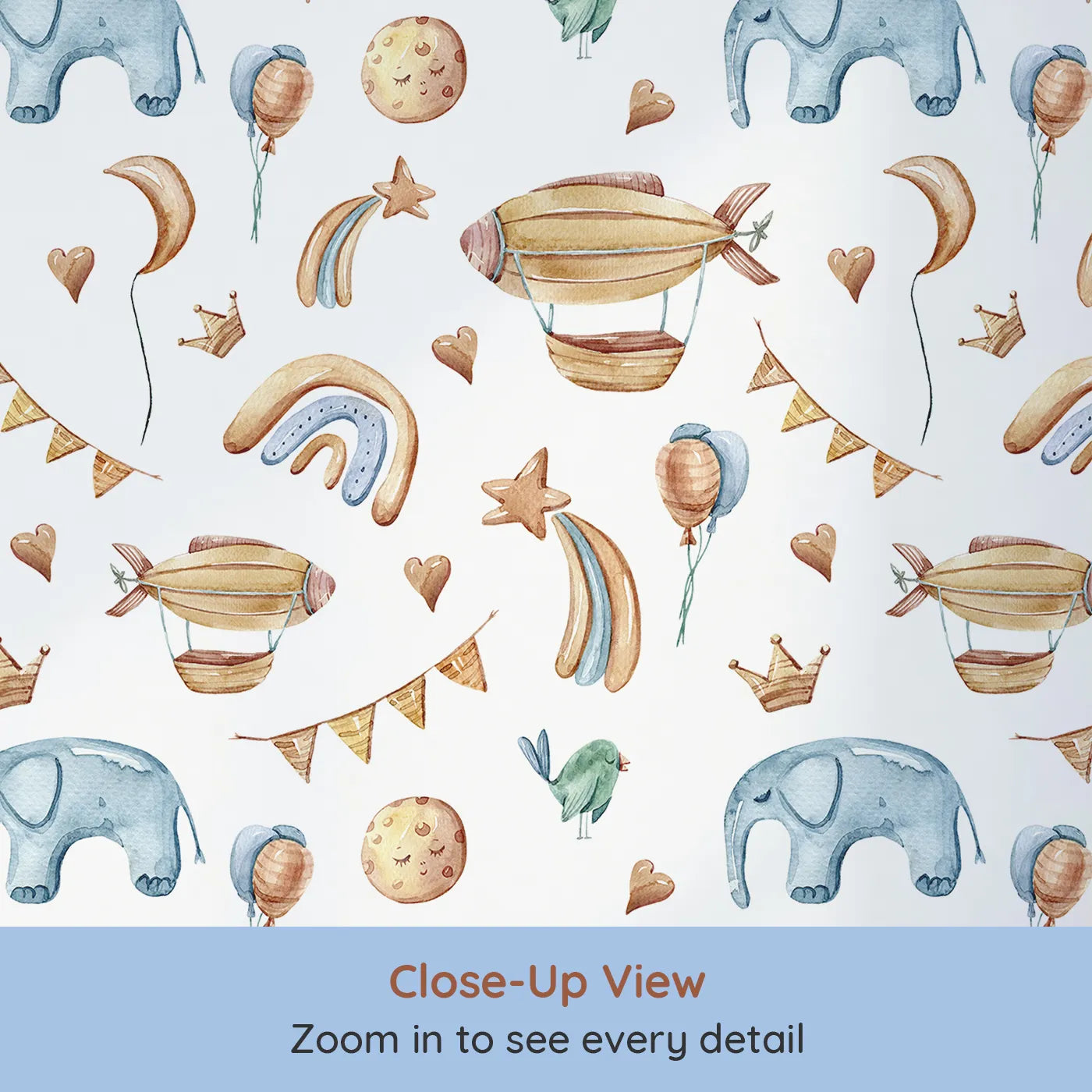 Close-up view of Whimsy Tots' Sky Dreams Celebration Wallpaper in White (W3401A).Airships, rainbows, and stars float gently in a dreamy white sky.