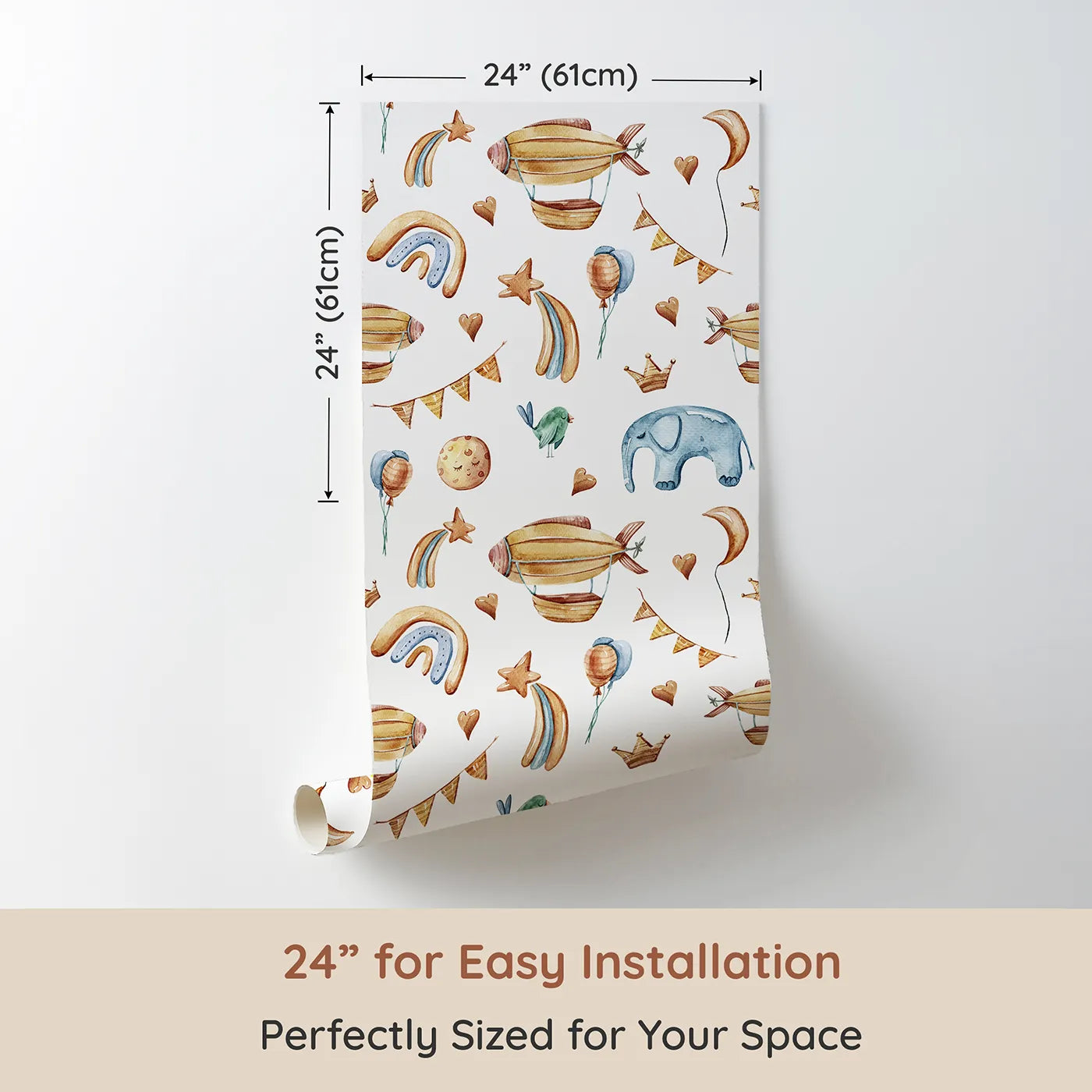 Dimension view of Whimsy Tots Sky Dreams Celebration Wallpaper in White (W3401A). Printed in 24-inch-wide panel for easy installation. Airships, rainbows, and stars float gently in a dreamy white sky.