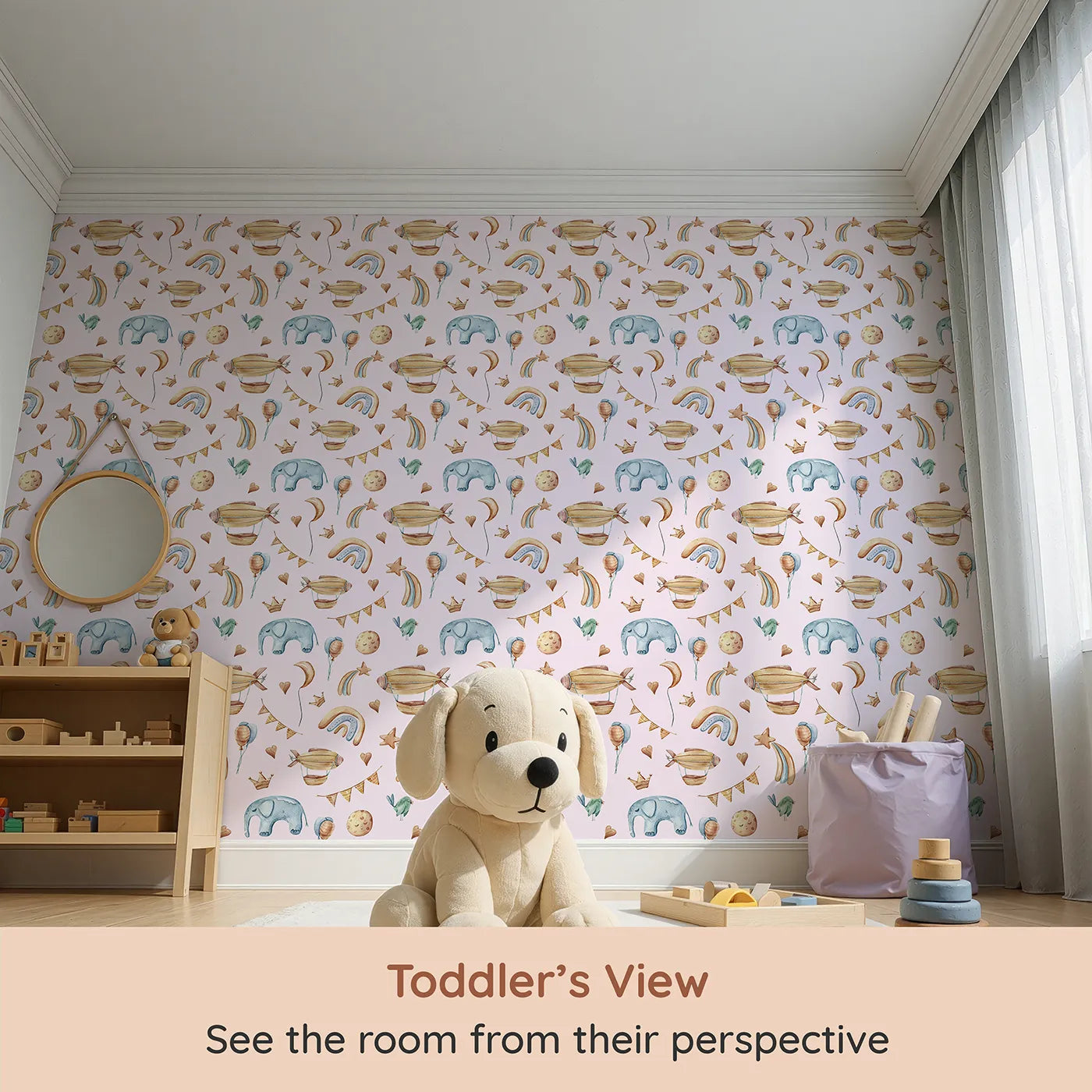 Whimsy Tots Sky Dreams Celebration Wallpaper in Pink (W3401B) from your child's view.Golden airships and pastel balloons float across a soft pink sky.