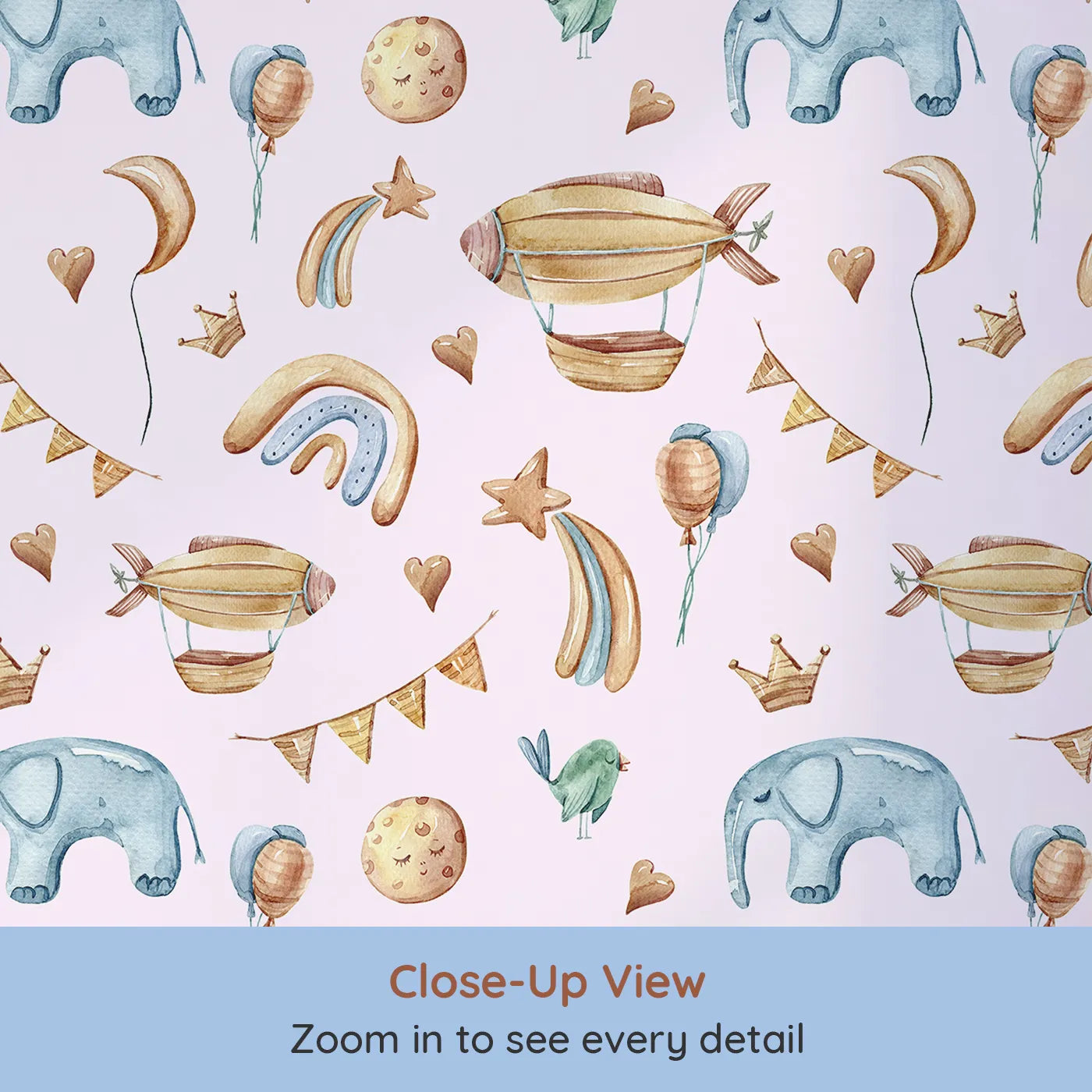 Close-up view of Whimsy Tots' Sky Dreams Celebration Wallpaper in Pink (W3401B).Golden airships and pastel balloons float across a soft pink sky.