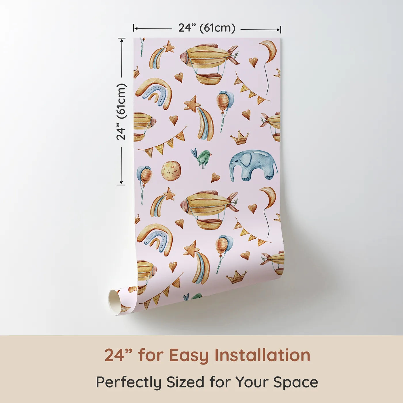 Dimension view of Whimsy Tots Sky Dreams Celebration Wallpaper in Pink (W3401B). Printed in 24-inch-wide panel for easy installation. Golden airships and pastel balloons float across a soft pink sky.