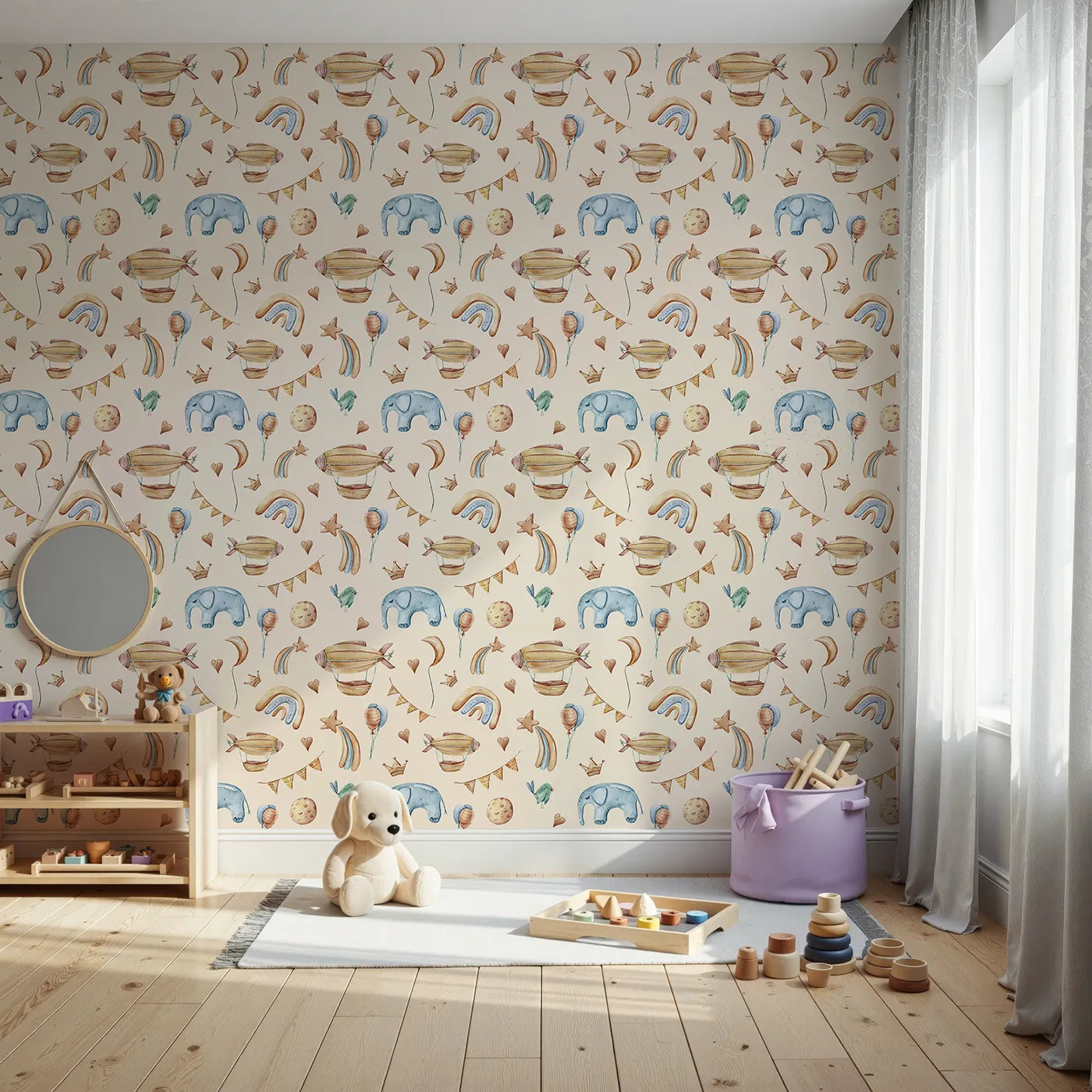 Front view of Whimsy Tots' Sky Dreams Celebration Wallpaper in Beige