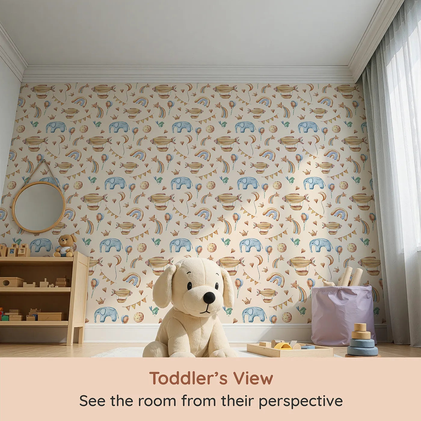 Whimsy Tots Sky Dreams Celebration Wallpaper in Beige (W3401C) from your child's view.Airships, stars, and balloons float softly through a warm beige sky.