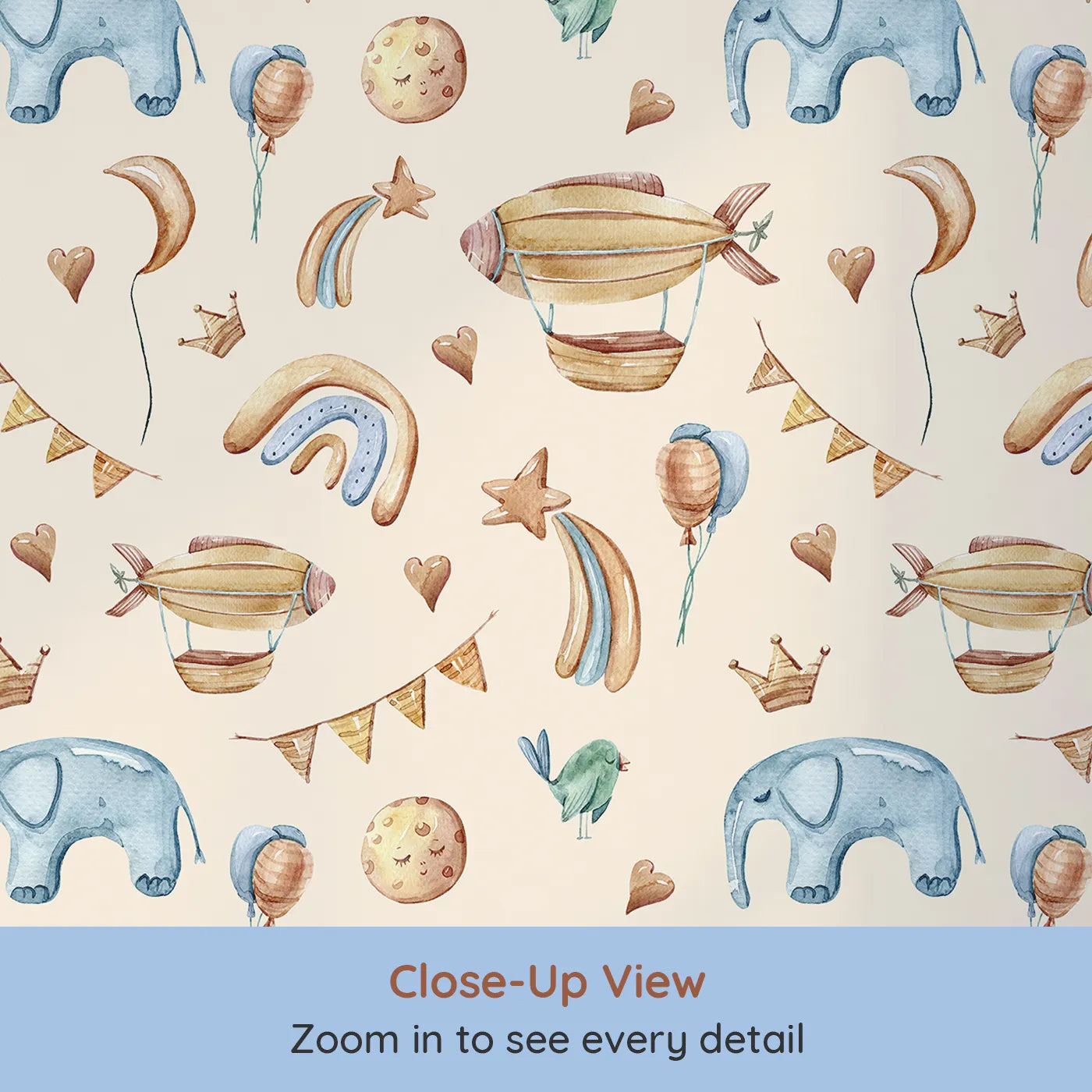 Close-up view of Whimsy Tots' Sky Dreams Celebration Wallpaper in Beige (W3401C).Airships, stars, and balloons float softly through a warm beige sky.