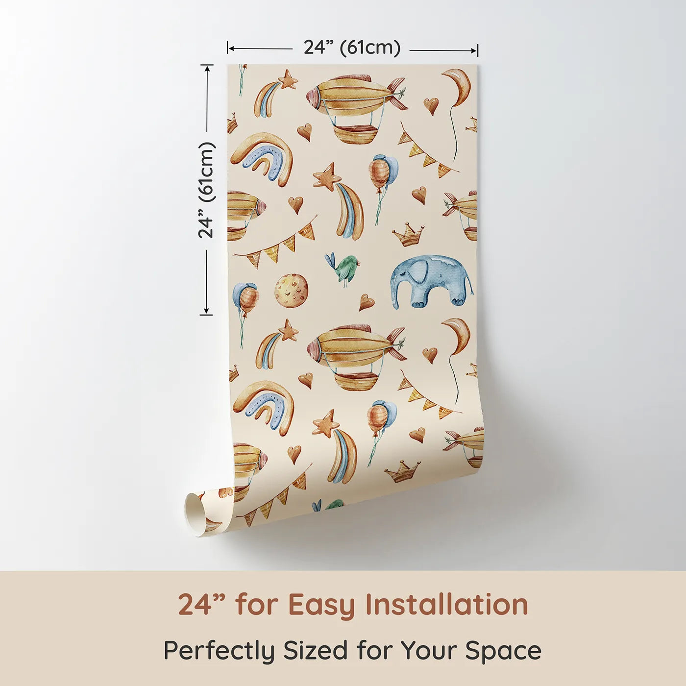 Dimension view of Whimsy Tots Sky Dreams Celebration Wallpaper in Beige (W3401C). Printed in 24-inch-wide panel for easy installation. Airships, stars, and balloons float softly through a warm beige sky.