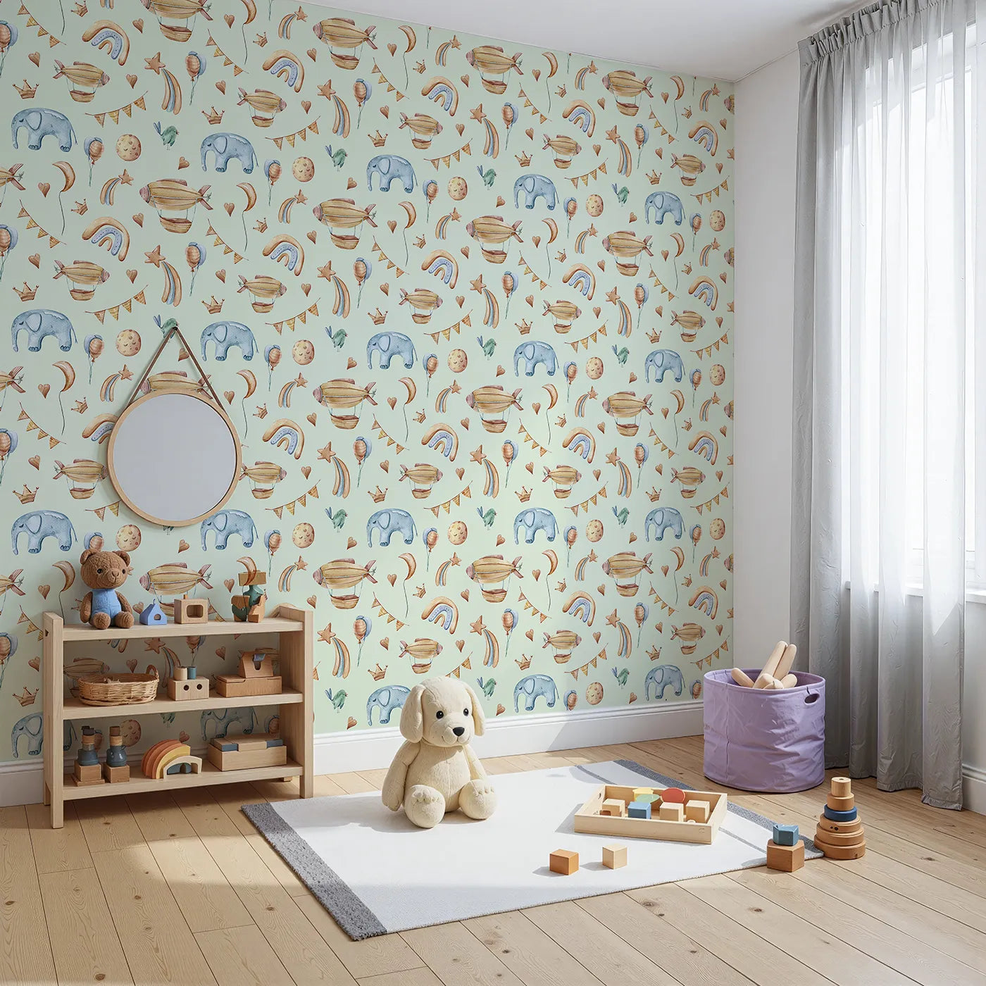 Angled view of Whimsy Tots' Sky Dreams Celebration Wallpaper in Mint Green (W3401D).Golden airships and soft shapes float across a calm mint sky.