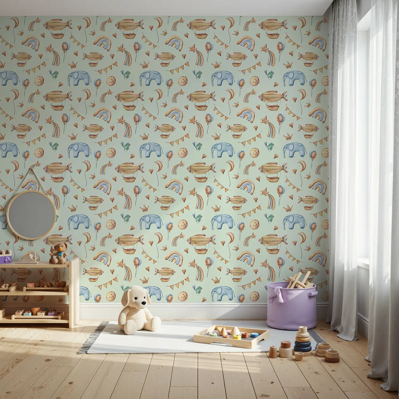 Front view of Whimsy Tots' Sky Dreams Celebration Wallpaper in Mint Green