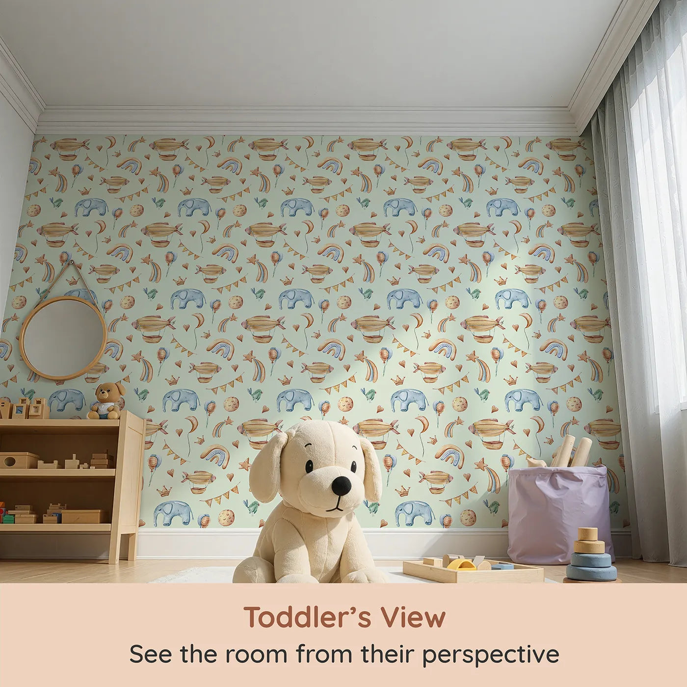 Whimsy Tots Sky Dreams Celebration Wallpaper in Mint Green (W3401D) from your child's view.Golden airships and soft shapes float across a calm mint sky.