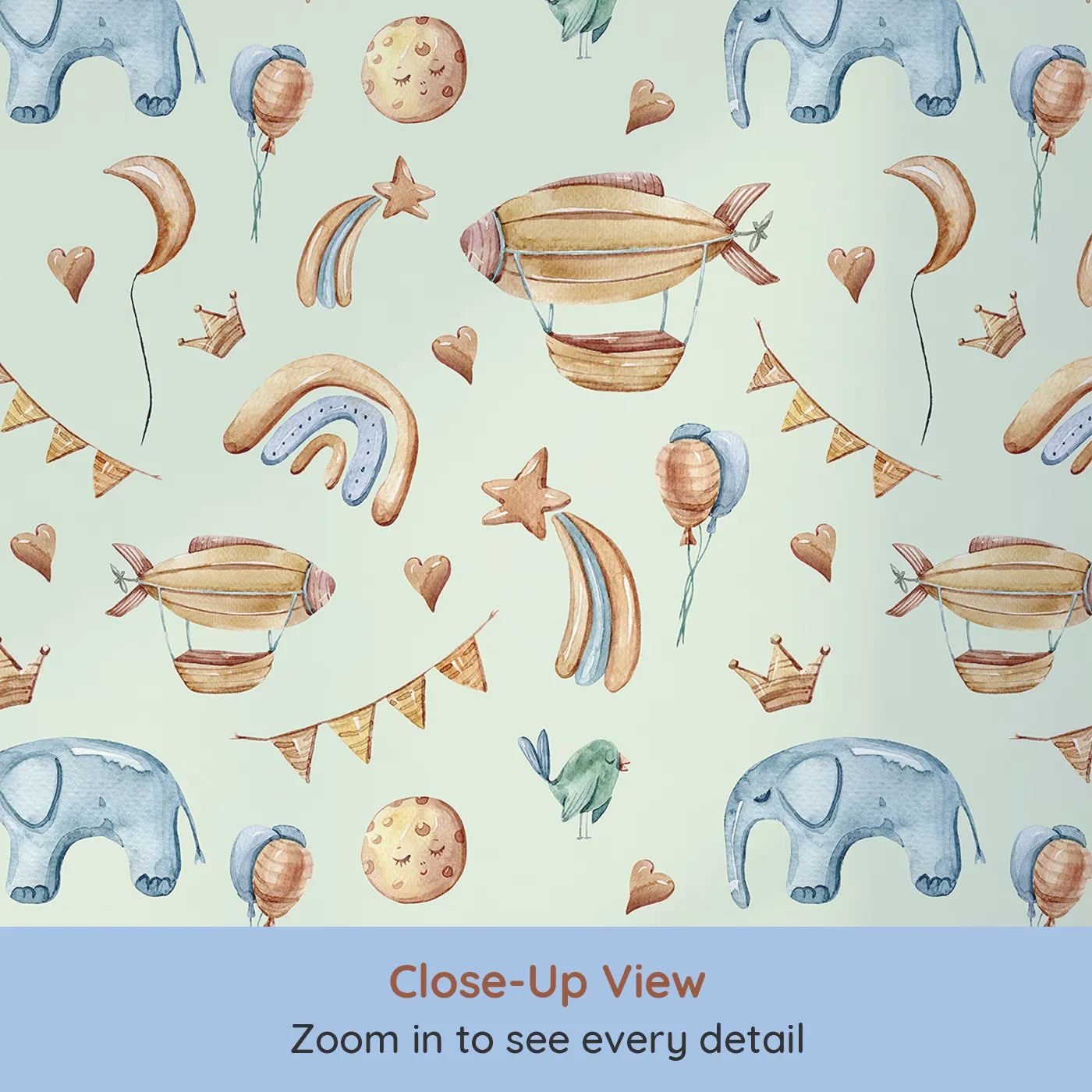 Close-up view of Whimsy Tots' Sky Dreams Celebration Wallpaper in Mint Green (W3401D).Golden airships and soft shapes float across a calm mint sky.