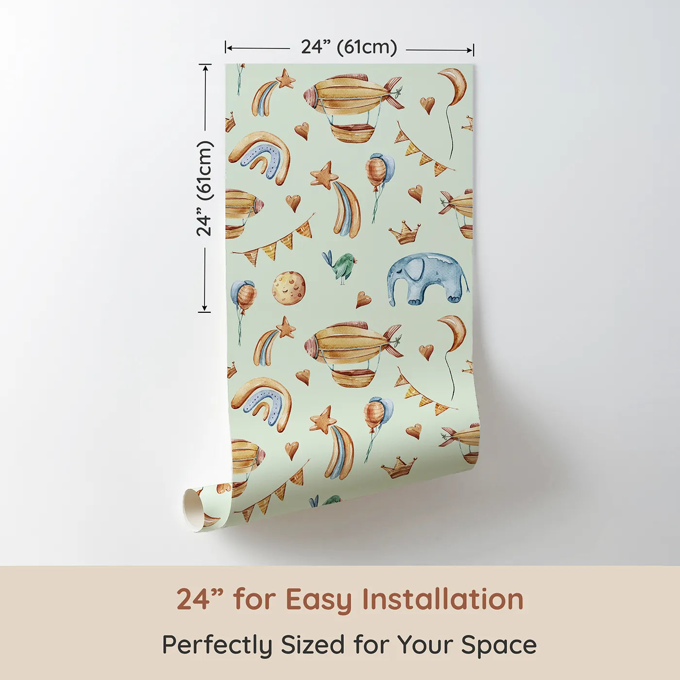 Dimension view of Whimsy Tots Sky Dreams Celebration Wallpaper in Mint Green (W3401D). Printed in 24-inch-wide panel for easy installation. Golden airships and soft shapes float across a calm mint sky.