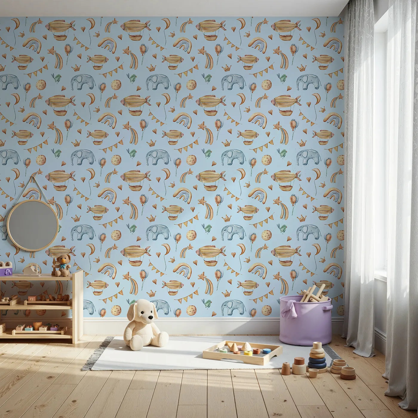 Front view of Whimsy Tots' Sky Dreams Celebration Wallpaper in Blue