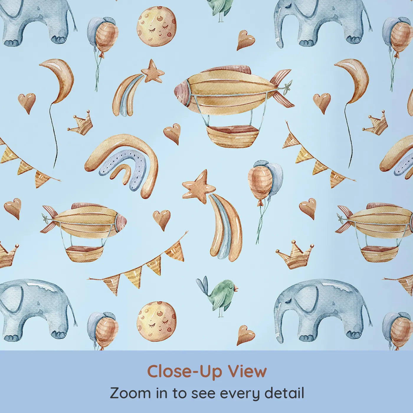 Close-up view of Whimsy Tots' Sky Dreams Celebration Wallpaper in Blue (W3401E).Airships and balloons drift gently across a dreamy sky-blue background.