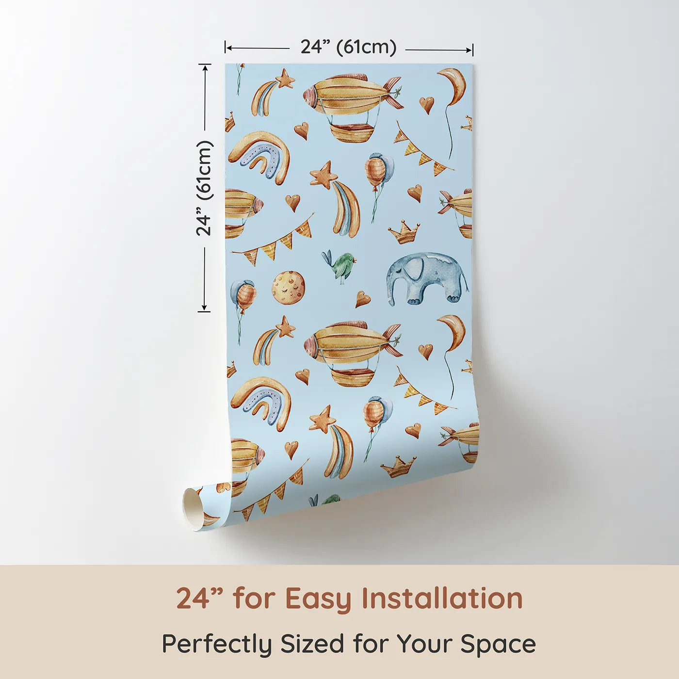 Dimension view of Whimsy Tots Sky Dreams Celebration Wallpaper in Blue (W3401E). Printed in 24-inch-wide panel for easy installation. Airships and balloons drift gently across a dreamy sky-blue background.