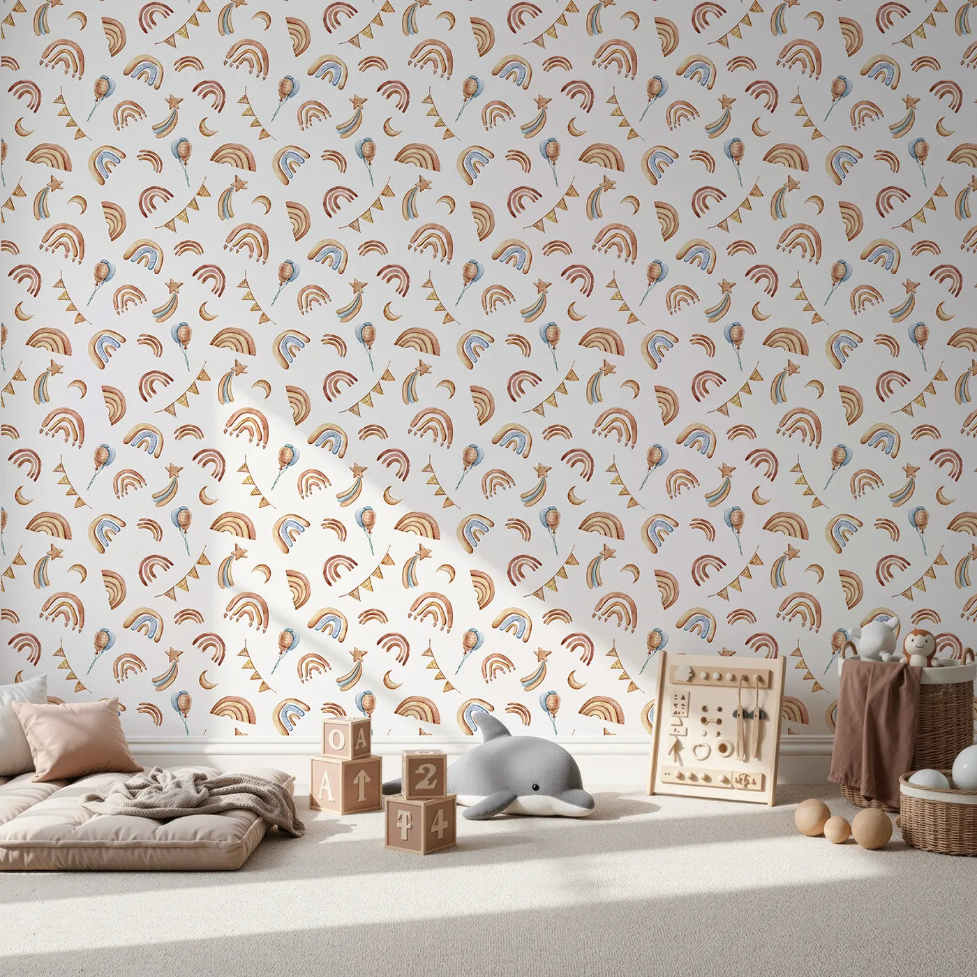Front view of Whimsy Tots' Sky Bloom Party Wallpaper in White