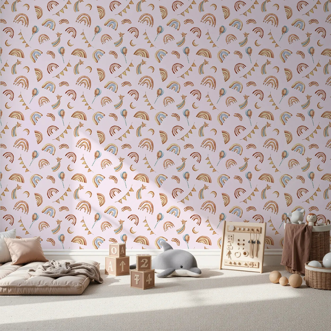Front view of Whimsy Tots' Sky Bloom Party Wallpaper in Pink