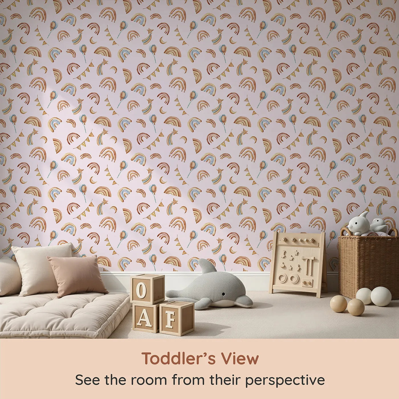 Whimsy Tots Sky Bloom Party Wallpaper in Pink (W3402B) from your child's view.Watercolor rainbows and party moons twirl gently on a soft pink sky.