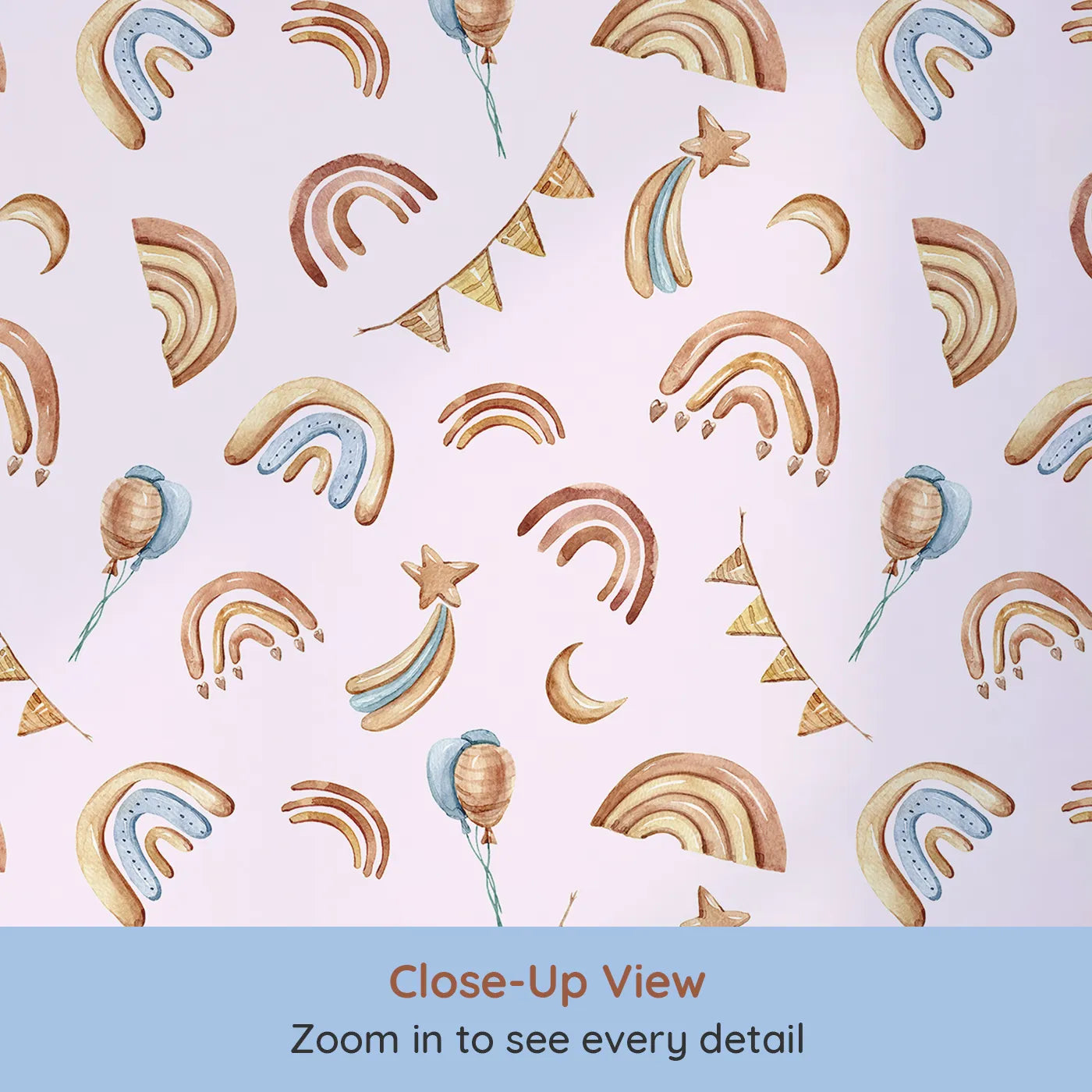 Close-up view of Whimsy Tots' Sky Bloom Party Wallpaper in Pink (W3402B).Watercolor rainbows and party moons twirl gently on a soft pink sky.