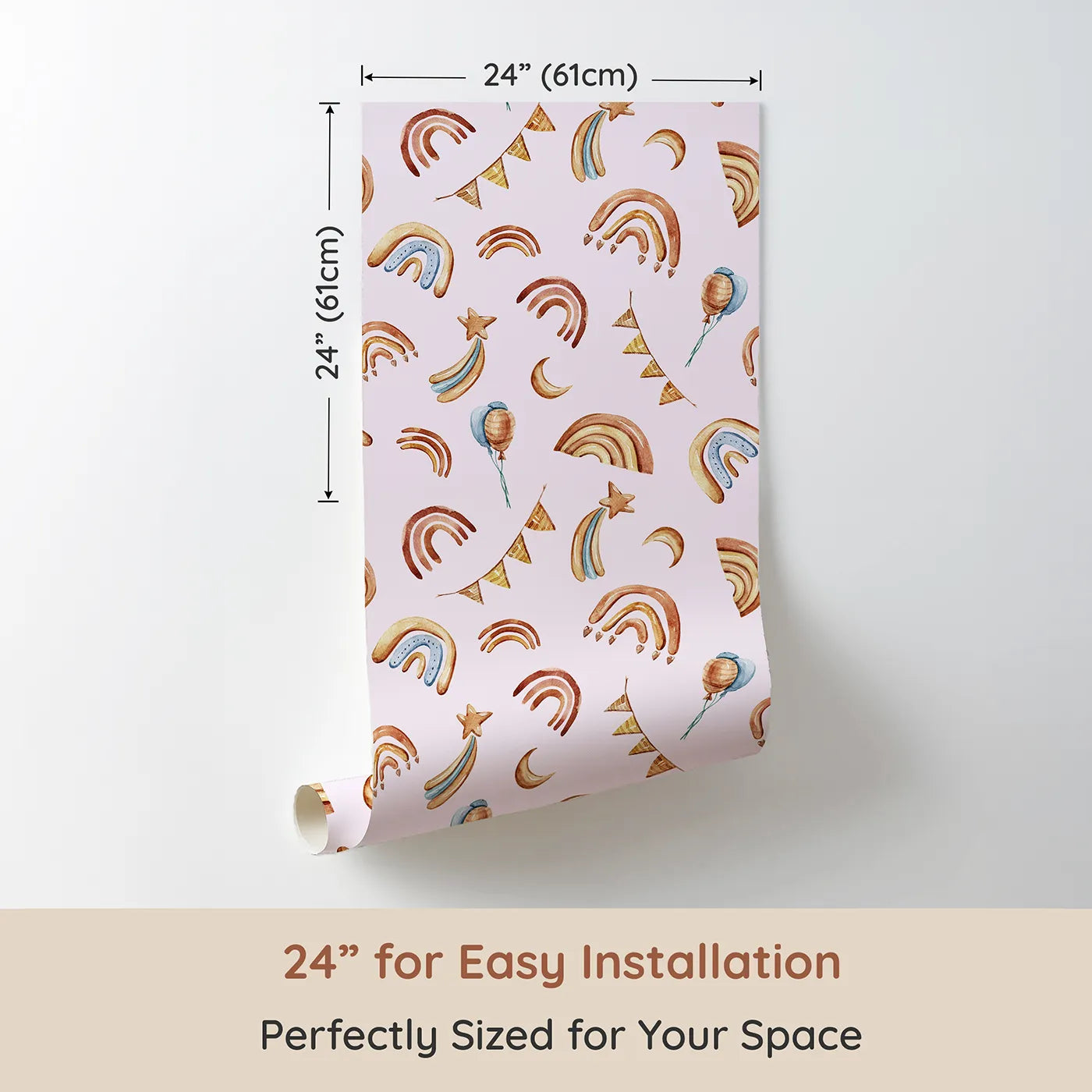 Dimension view of Whimsy Tots Sky Bloom Party Wallpaper in Pink (W3402B). Printed in 24-inch-wide panel for easy installation. Watercolor rainbows and party moons twirl gently on a soft pink sky.