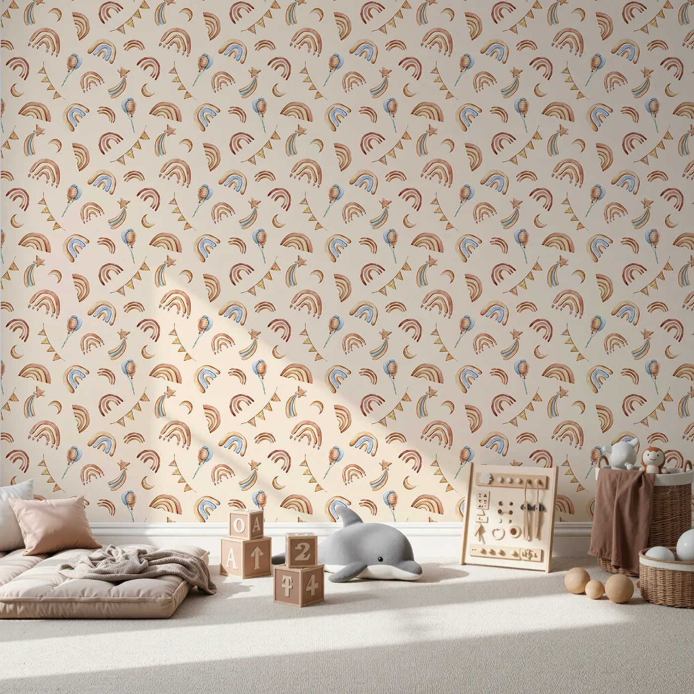 Front view of Whimsy Tots' Sky Bloom Party Wallpaper in Beige